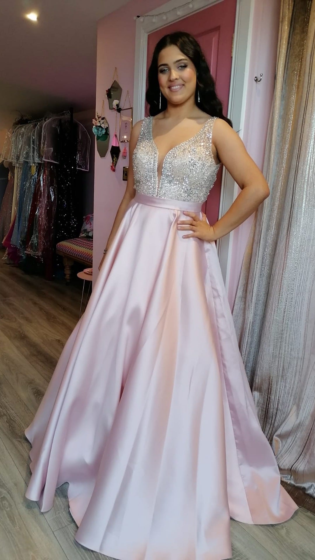 Charlotte Blush Pink Embellished Plunge Neck Silk Ballgown Formal Prom Dress