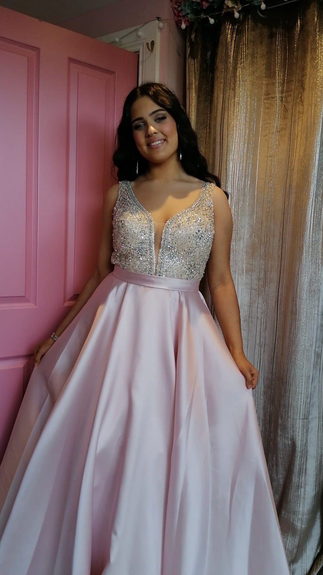 Charlotte Blush Pink Embellished Plunge Neck Silk Ballgown Formal Prom Dress