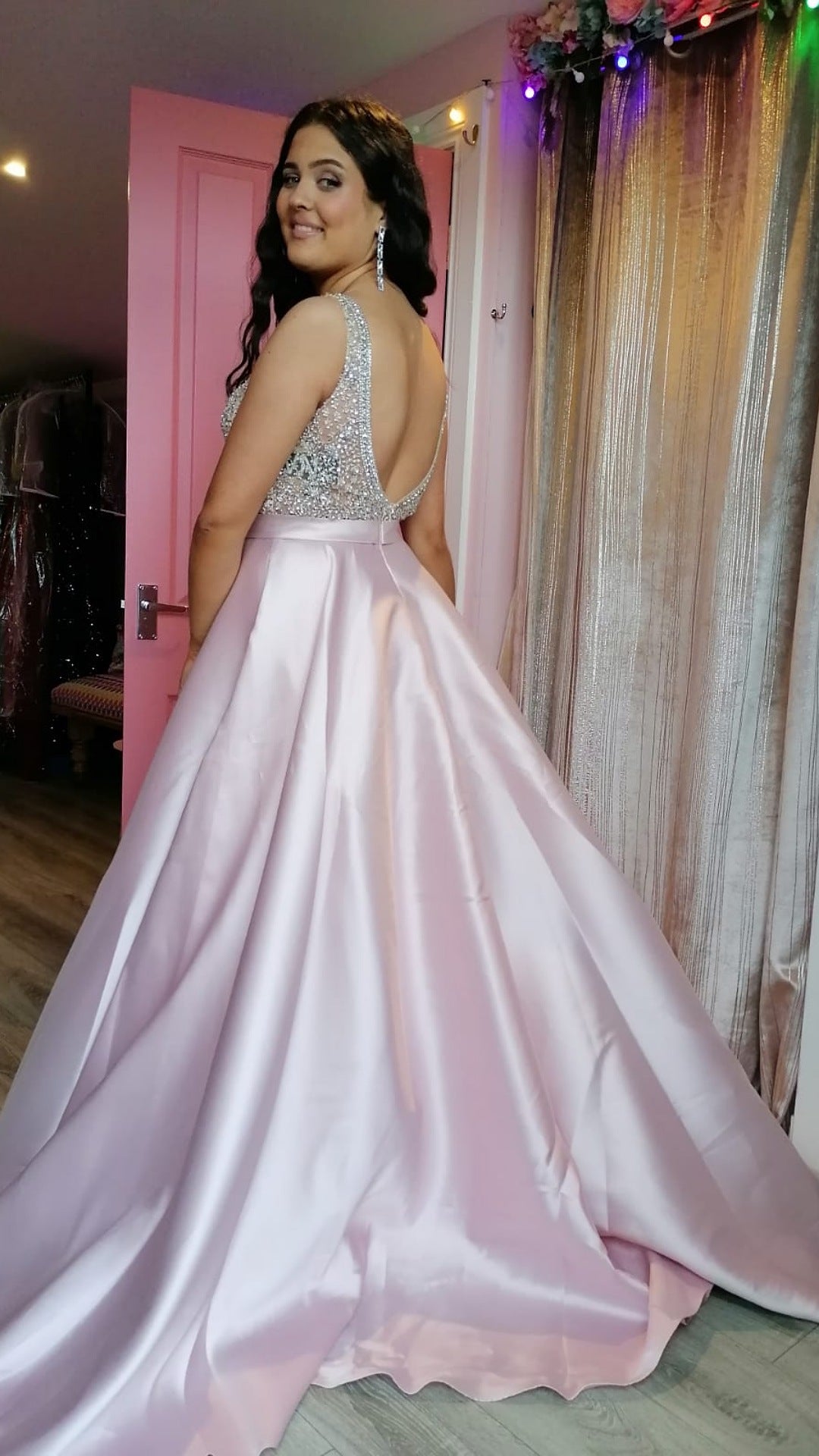 Charlotte Blush Pink Embellished Plunge Neck Silk Ballgown Formal Prom Dress