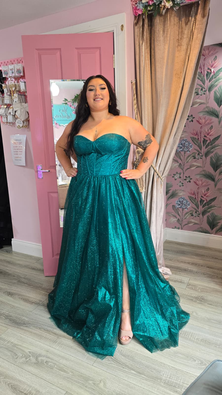 Alyssa Green Sparkle Material Strapless Leg Split Ballgown Formal Prom Dress Ball Gown