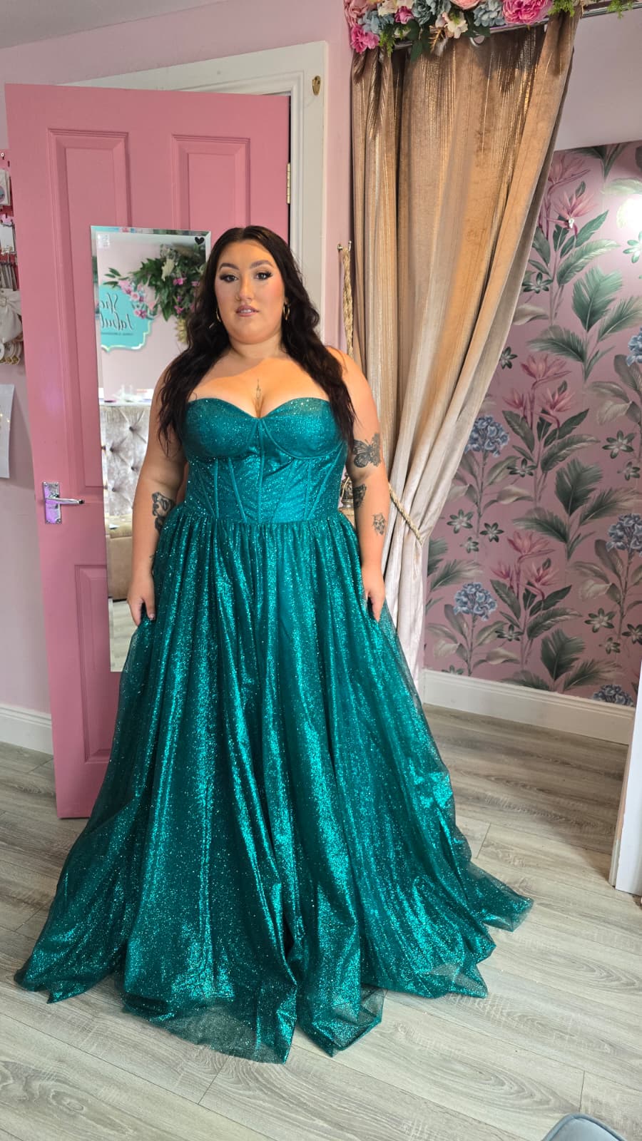 Alyssa Green Sparkle Material Strapless Leg Split Ballgown Formal Prom Dress Ball Gown