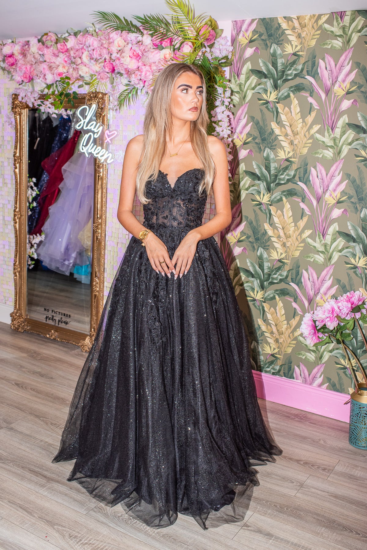 Ellen Black Strapless Laced Back Formal Prom Dress
