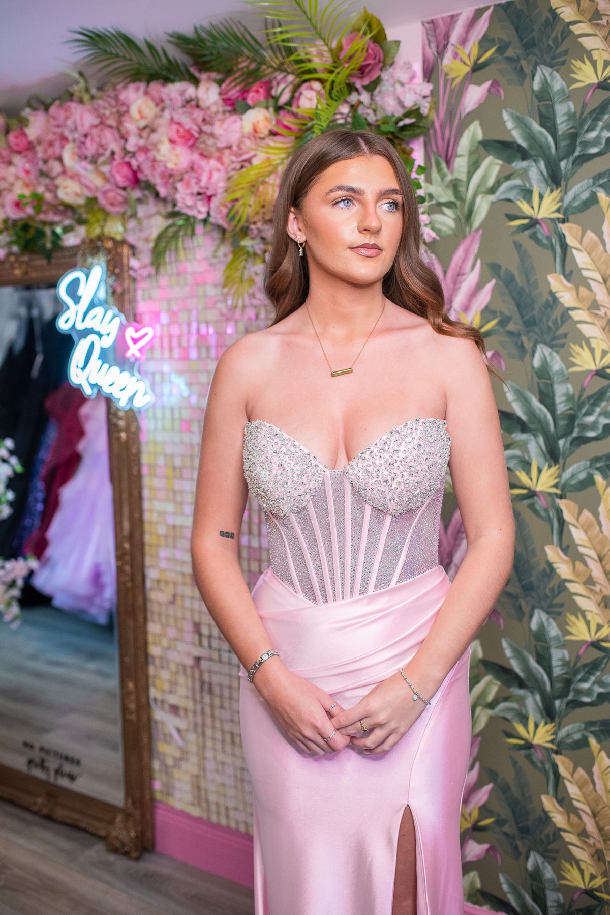 Raven Pink Rhinestone And Diamante Corset Thigh Split Strapless Formal Prom Dress