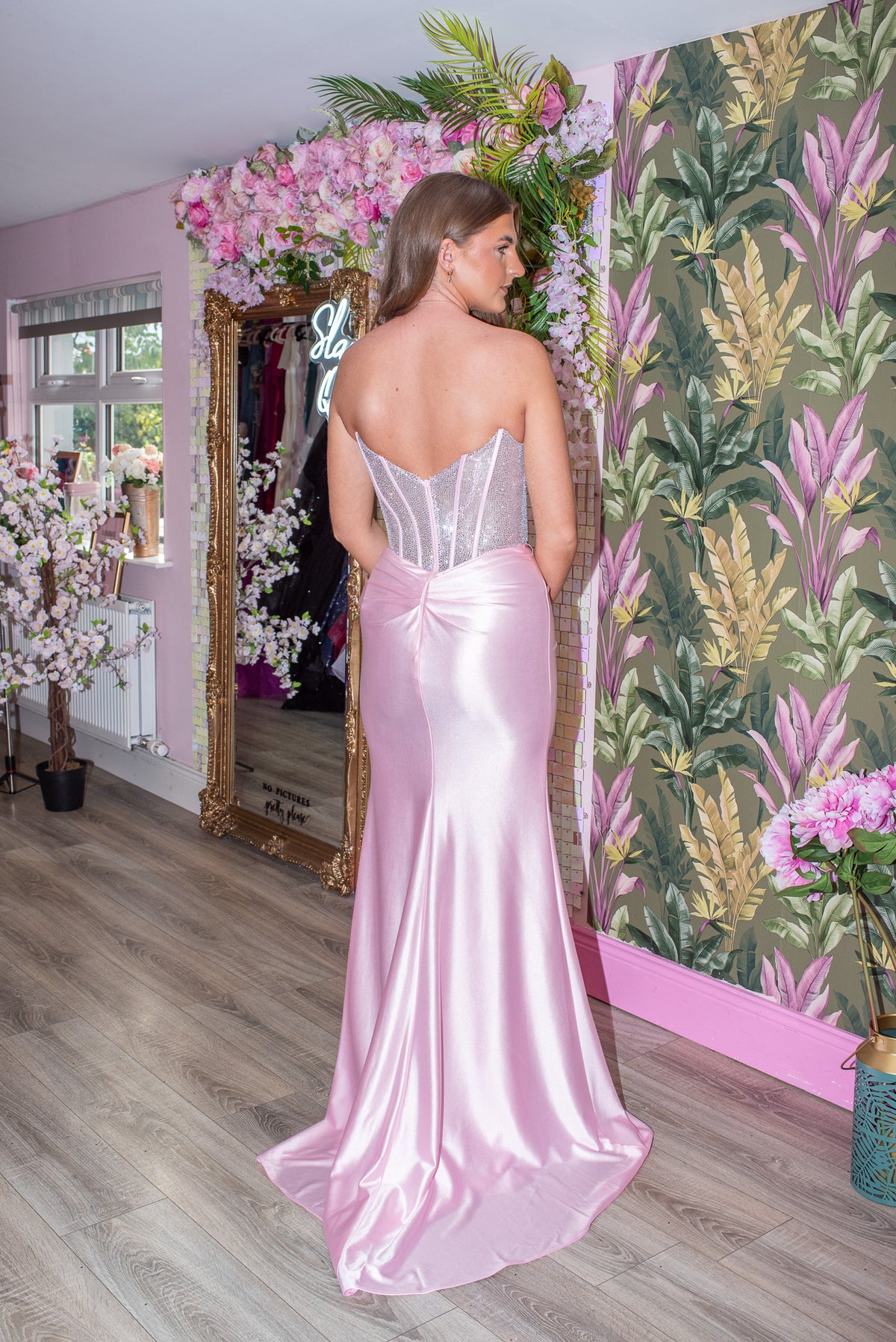 Raven Pink Rhinestone And Diamante Corset Thigh Split Strapless Formal Prom Dress