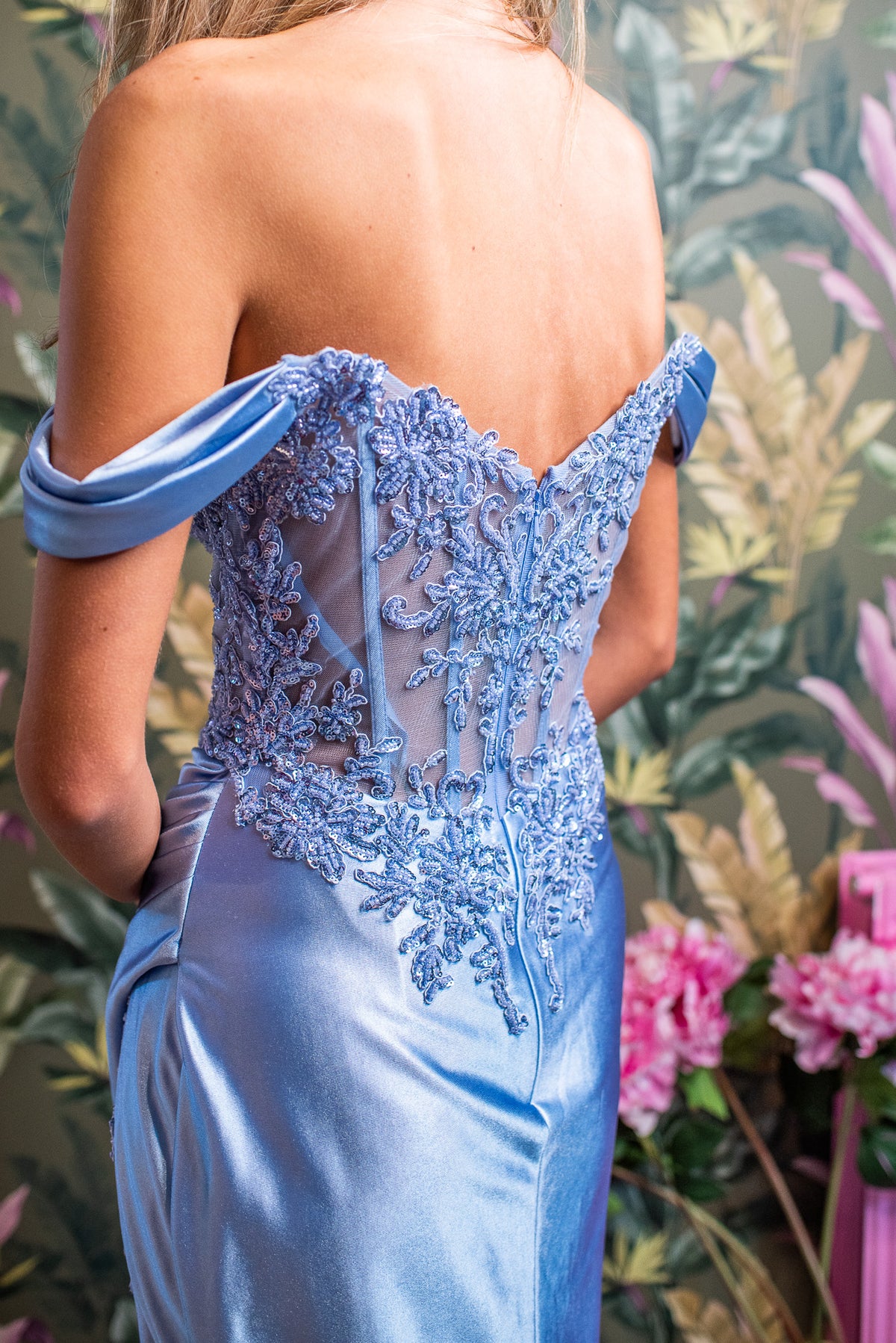 Gia Cornflower Blue Lilac Shoulder Corset Floral Lace Thigh Split Lavender Formal Prom Dress