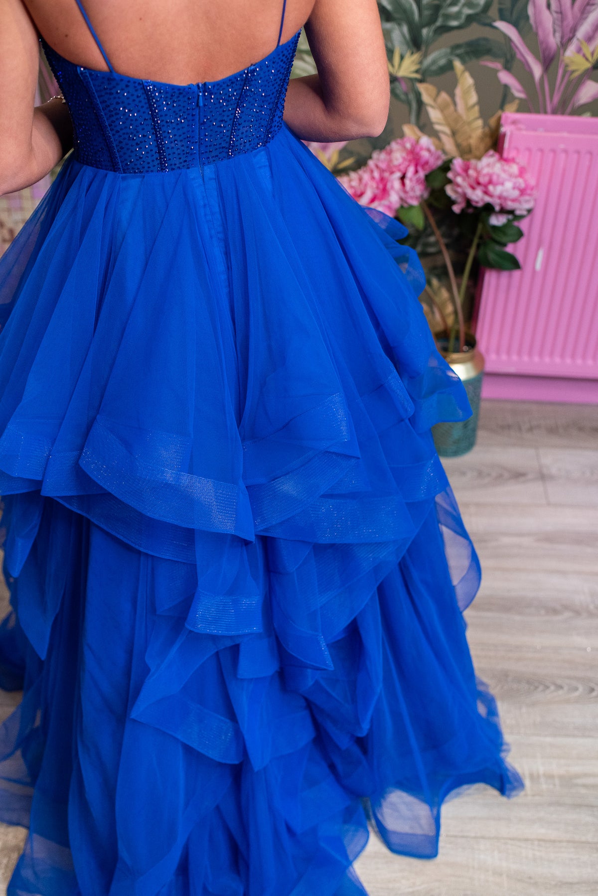 Asana Royal Blue Layered With Beaded Bodice Sheer Panel Ballgown Formal Prom Dress Ball Gown