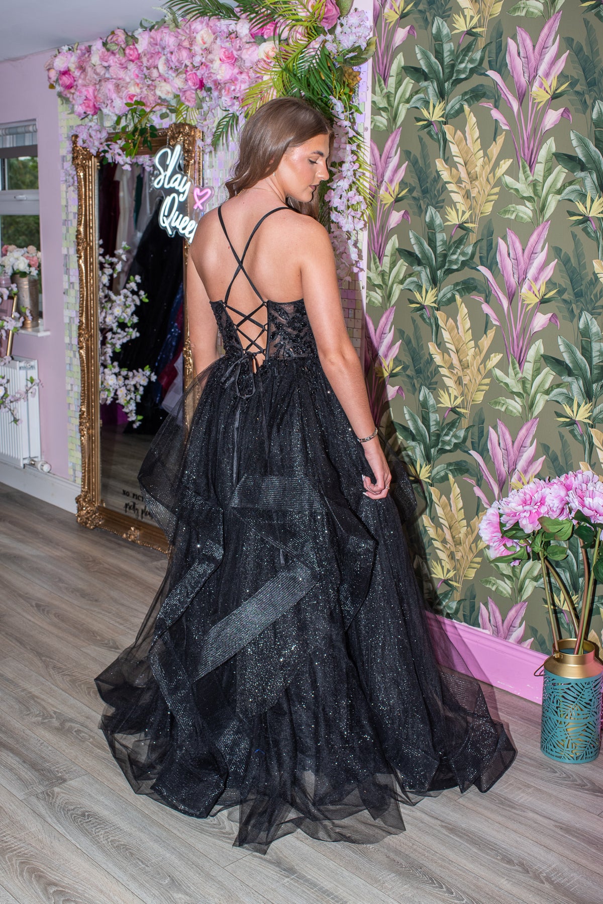 Grace Black Layered Skirt Skinny Strap Laced Back Ball Gown Formal Prom Dress Ballgown