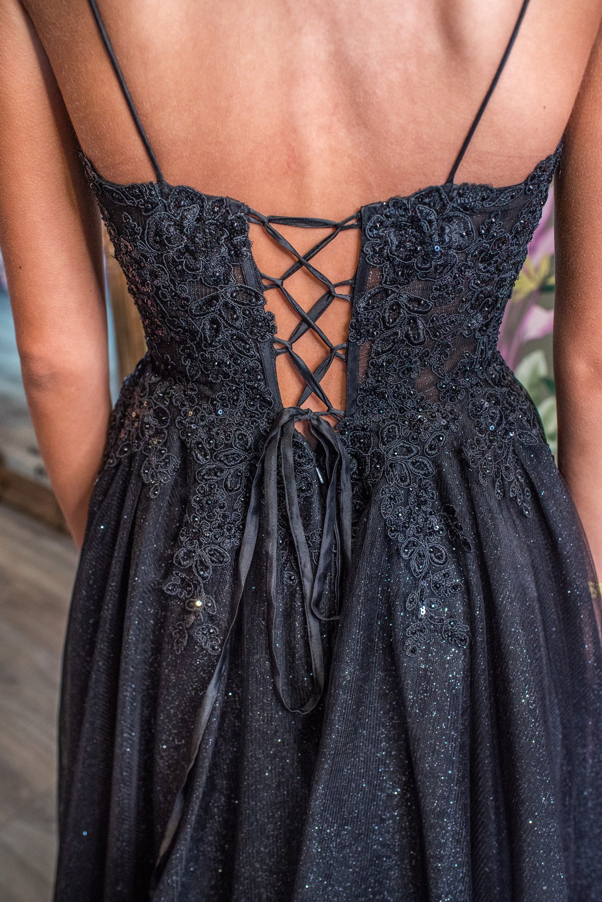 Black Skinny Strap Laced Back Ballgown Formal Prom Ball Gown Dress