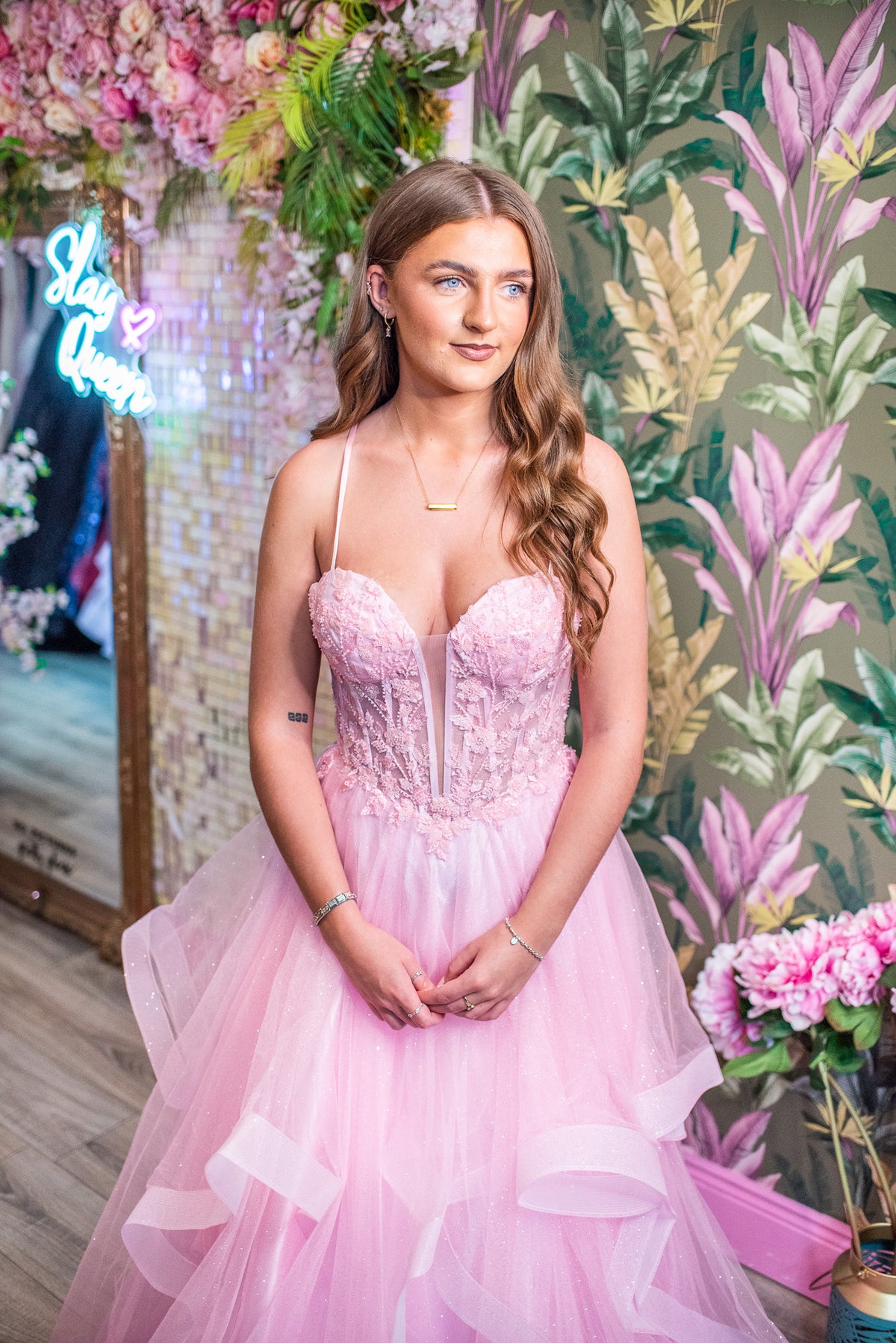 Una Pink Layered Skirt Vertical Sheer Corset Ballgown Formal Prom Dress Ball Gown