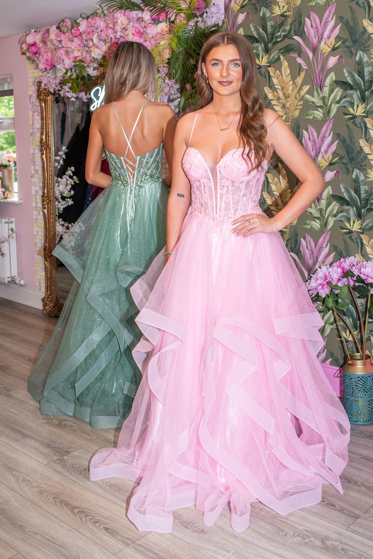 Una Pink Layered Skirt Vertical Sheer Corset Ballgown Formal Prom Dress Ball Gown