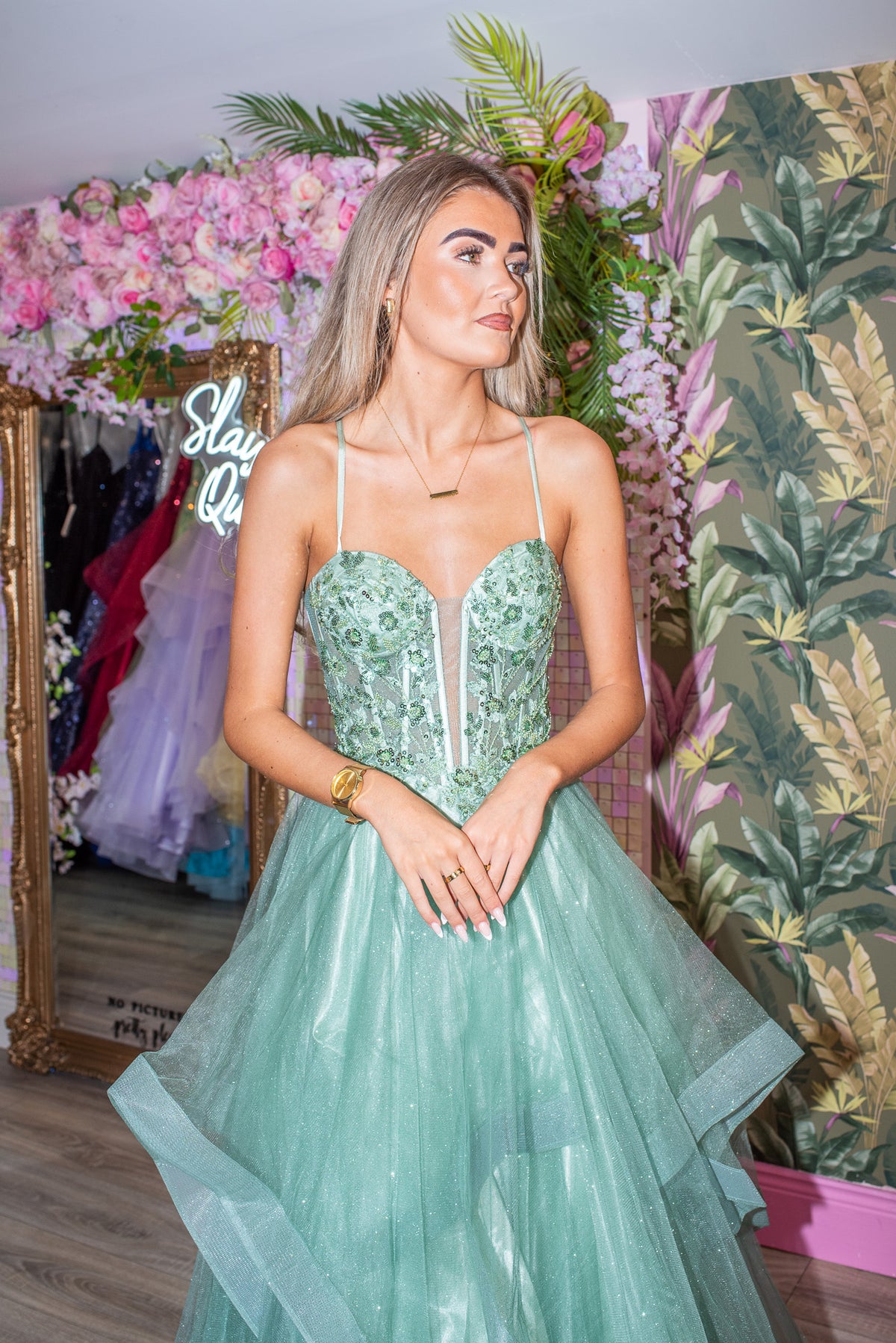 Una Sage Green Layered Skirt Vertical Sheer Corset Ballgown Formal Prom Dress Ball Gown