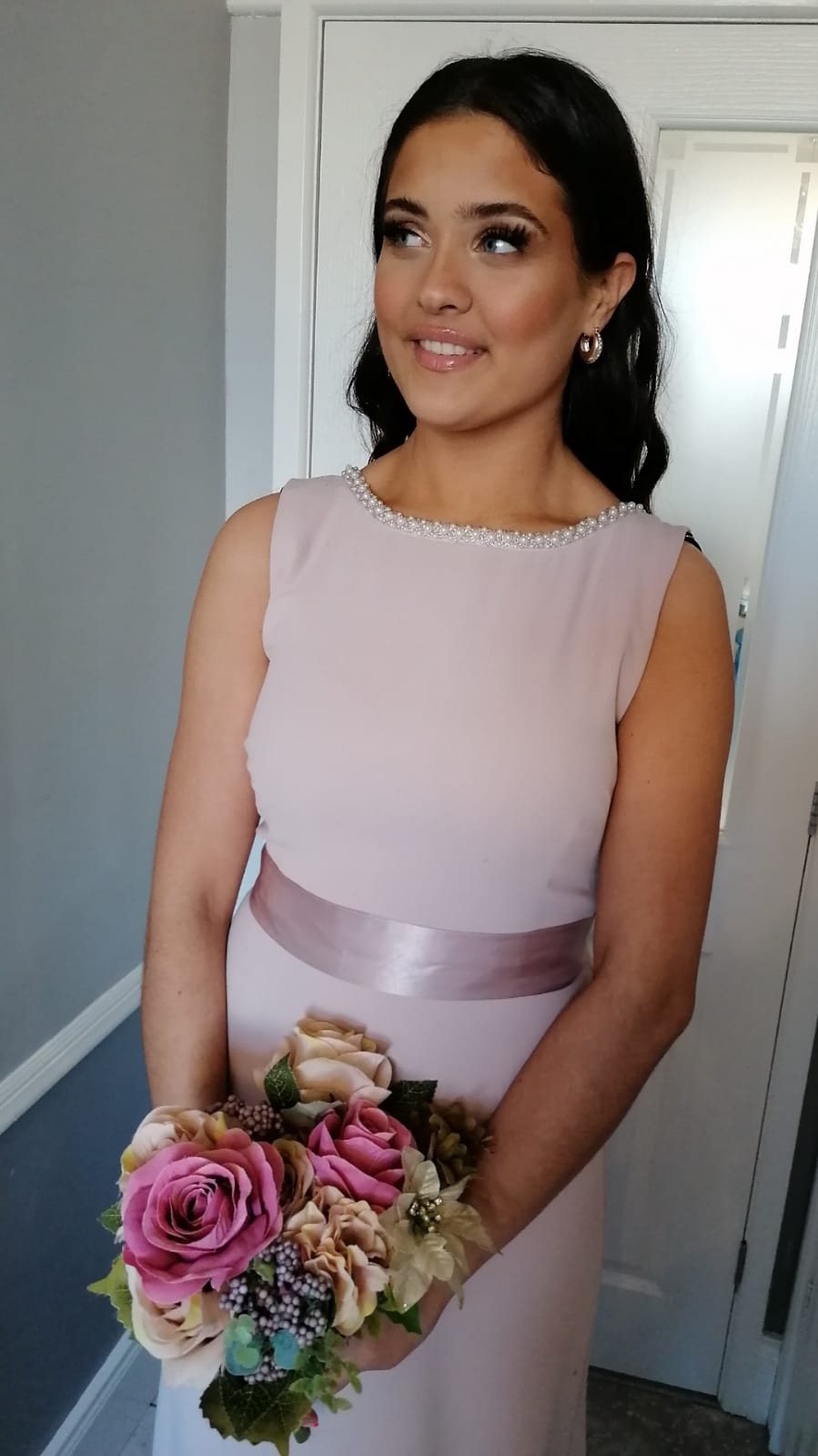 Sienna Lavender Pink Pearl Neck And Belt Plain & Elegant Bridesmaid Dress
