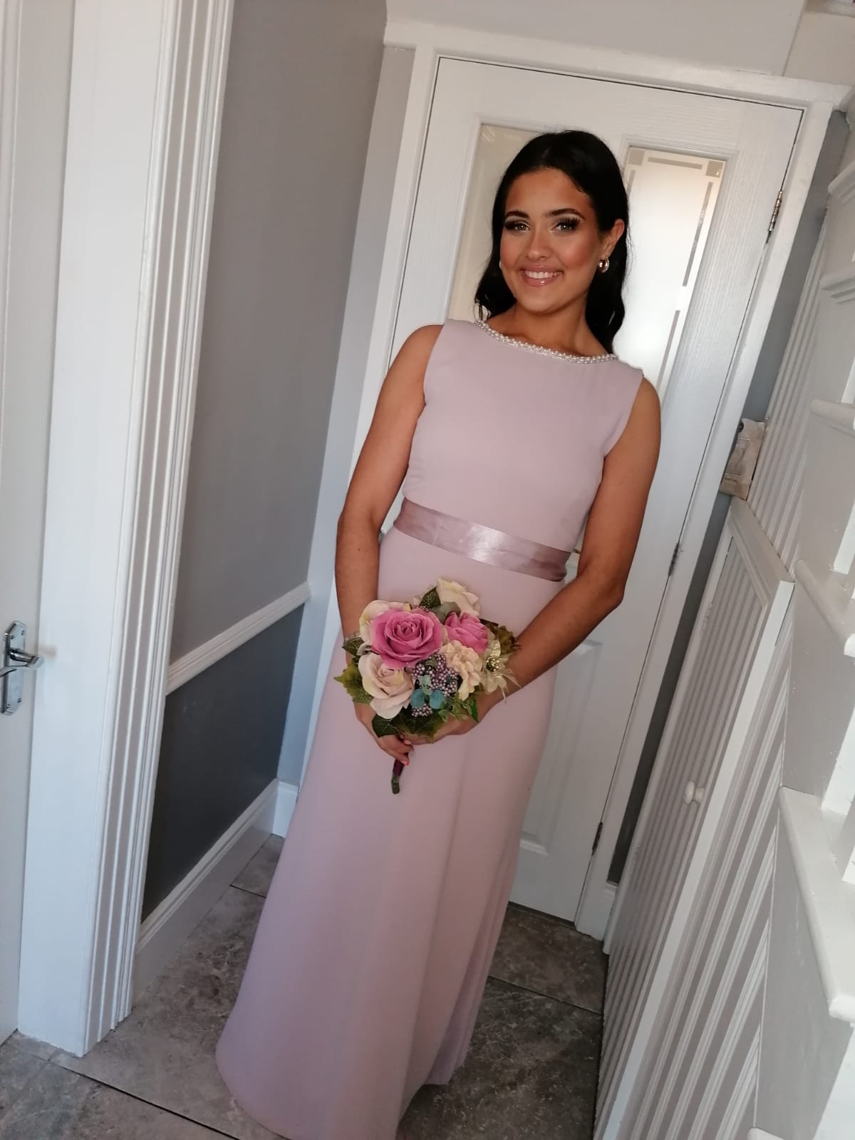 Sienna Lavender Pink Pearl Neck And Belt Plain & Elegant Bridesmaid Dress