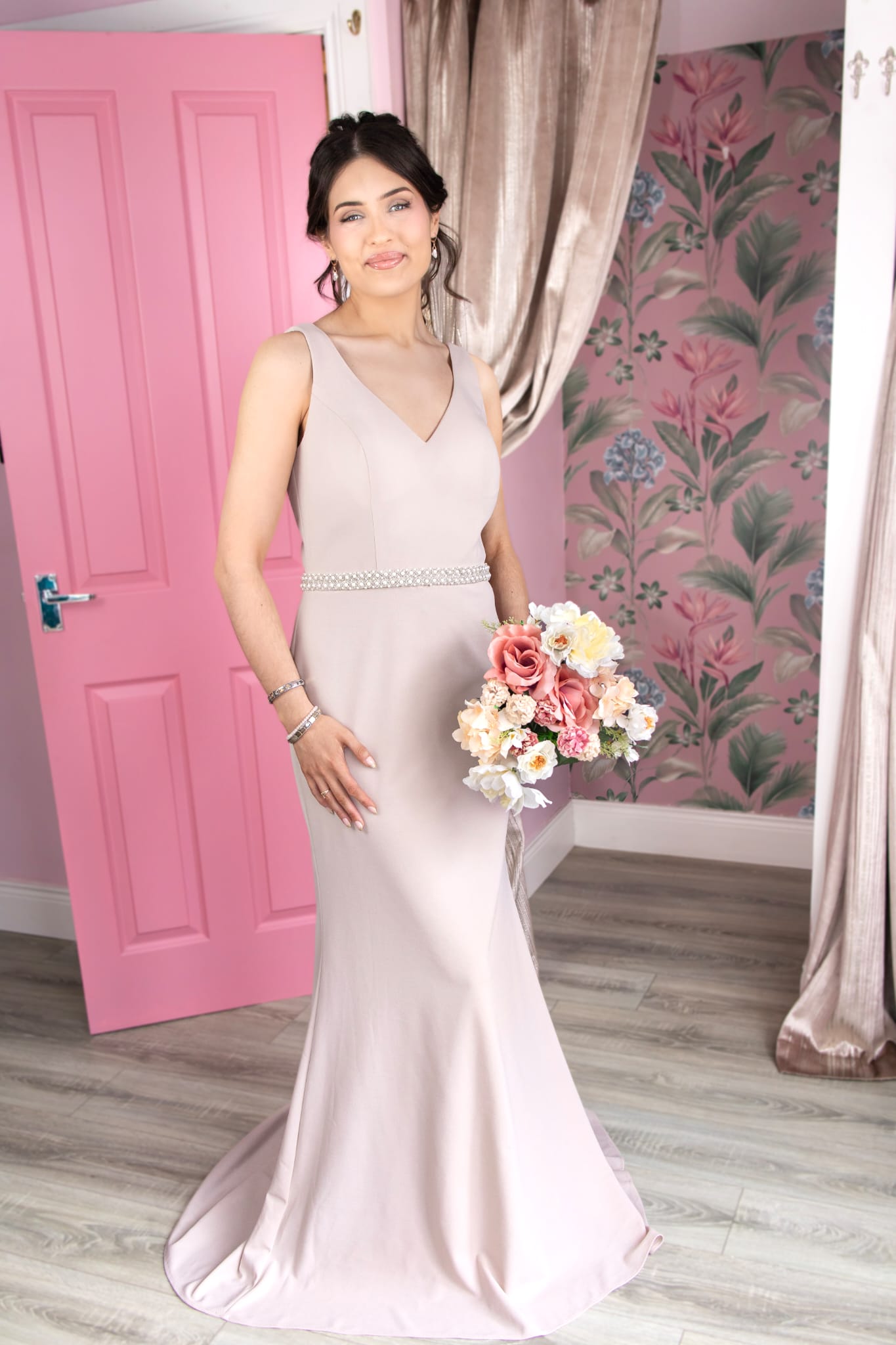 Leah Champagne Low Back With Belt Bridesmaid Dress