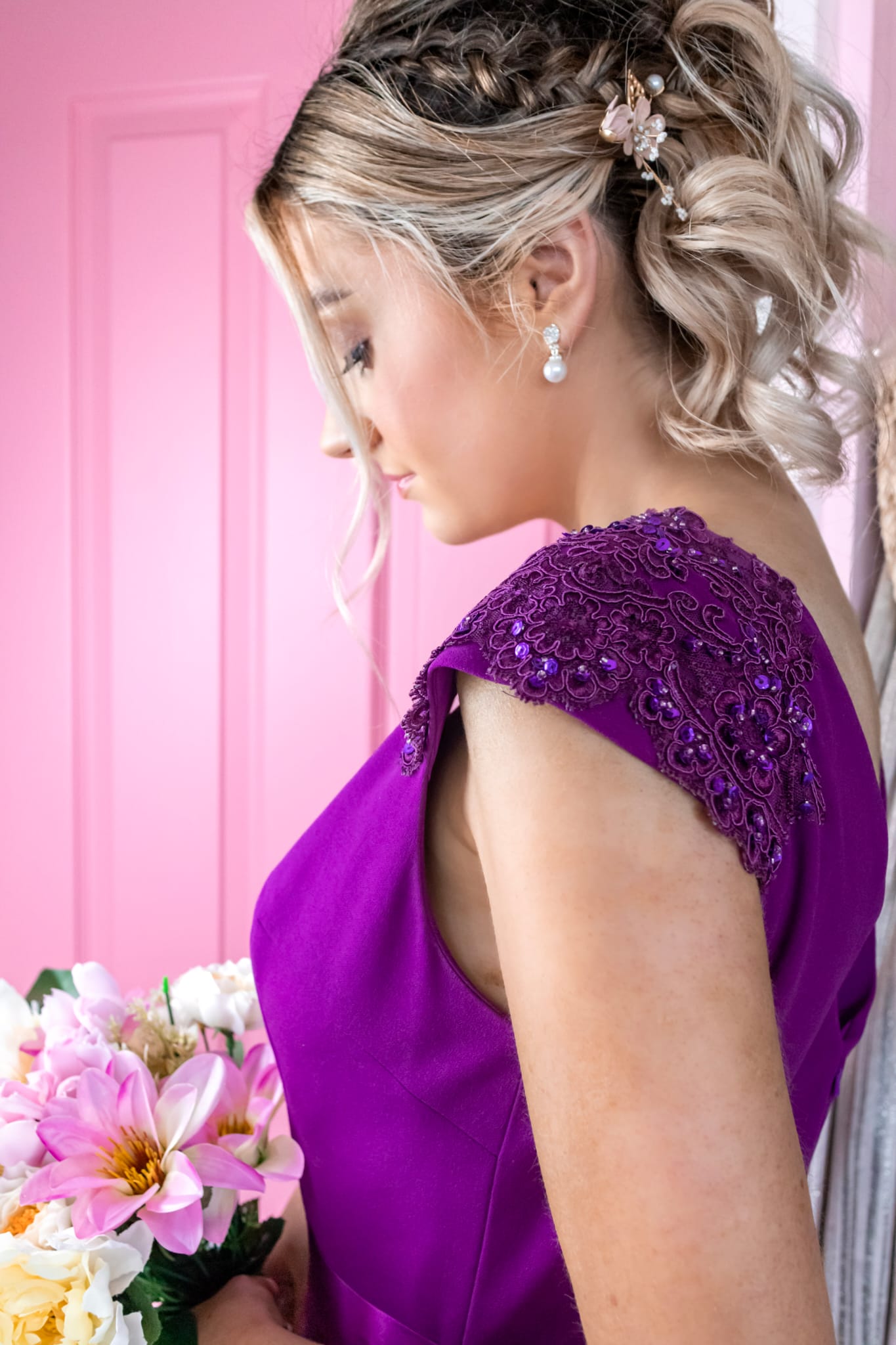 Caroline Magenta Laced Deatail Shoulder Caps Bridesmaids Dress
