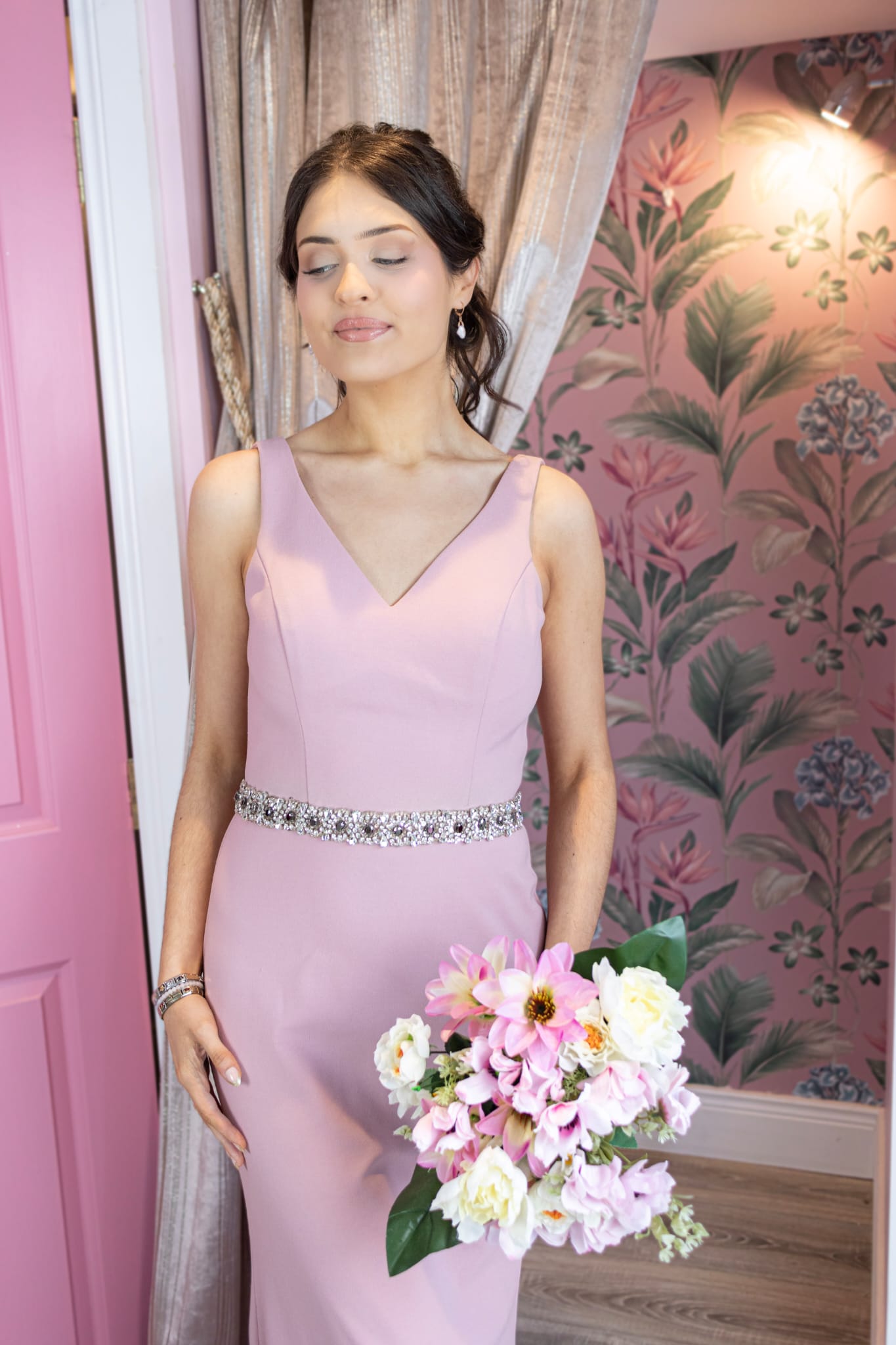 Leah Pink Low Back With Belt Bridesmaid Dress