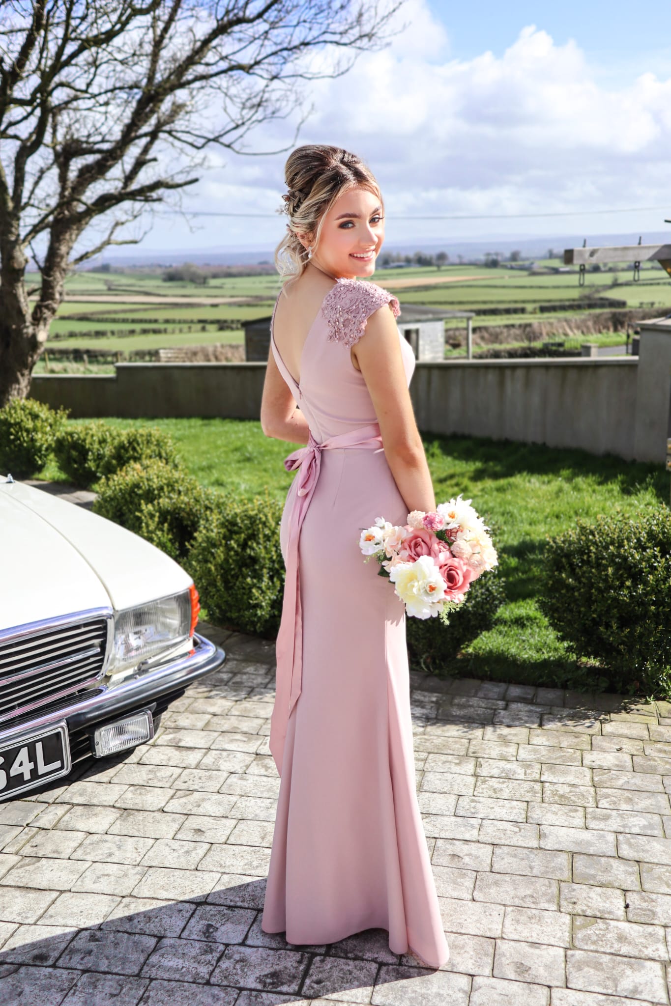 Caroline Pink Laced Deatail Shoulder Caps Bridesmaids Dress