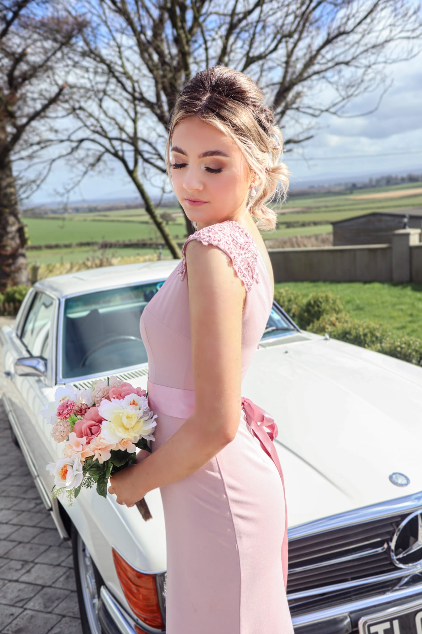 Caroline Pink Laced Deatail Shoulder Caps Bridesmaids Dress