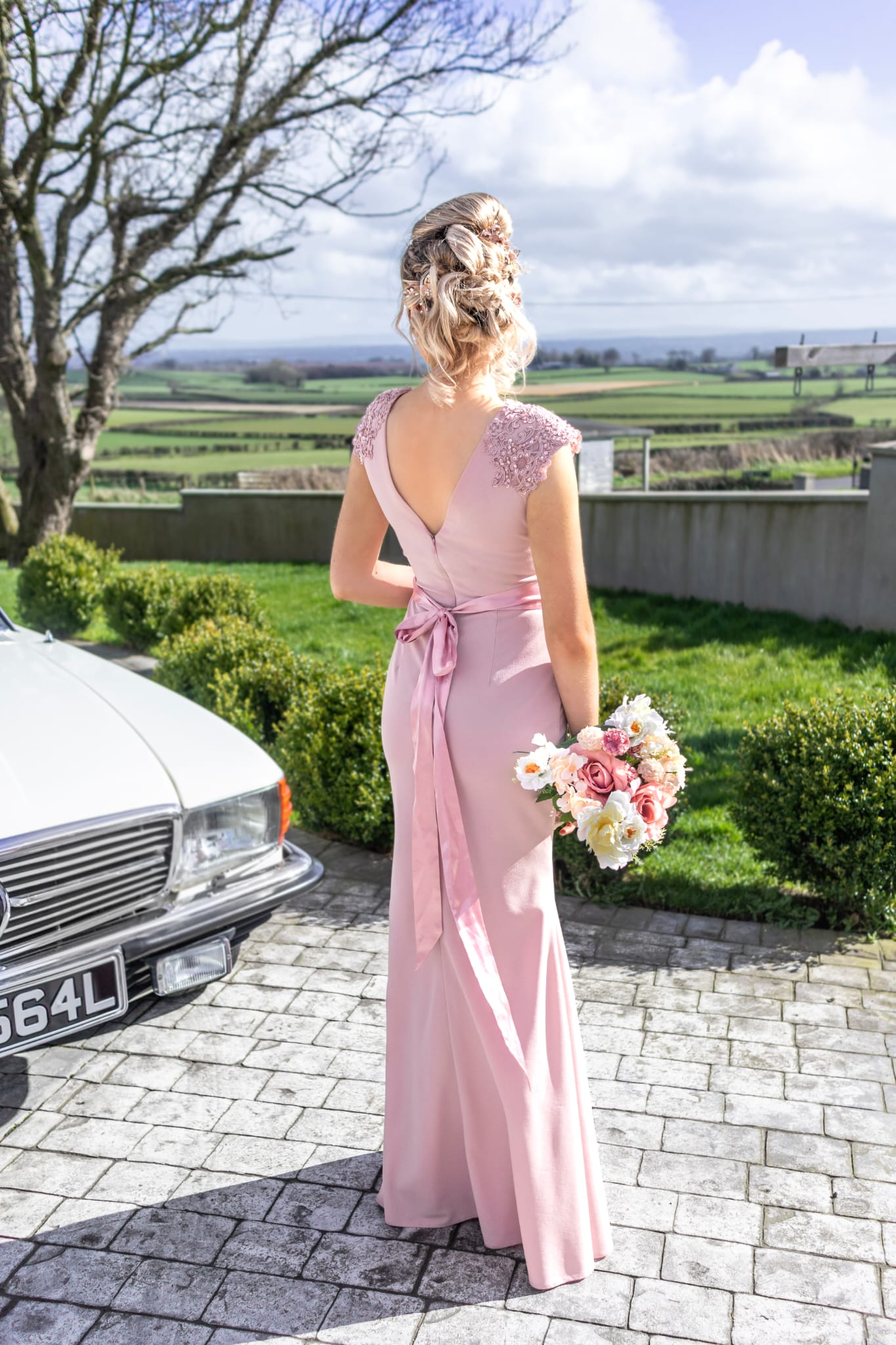 Caroline Pink Laced Deatail Shoulder Caps Bridesmaids Dress