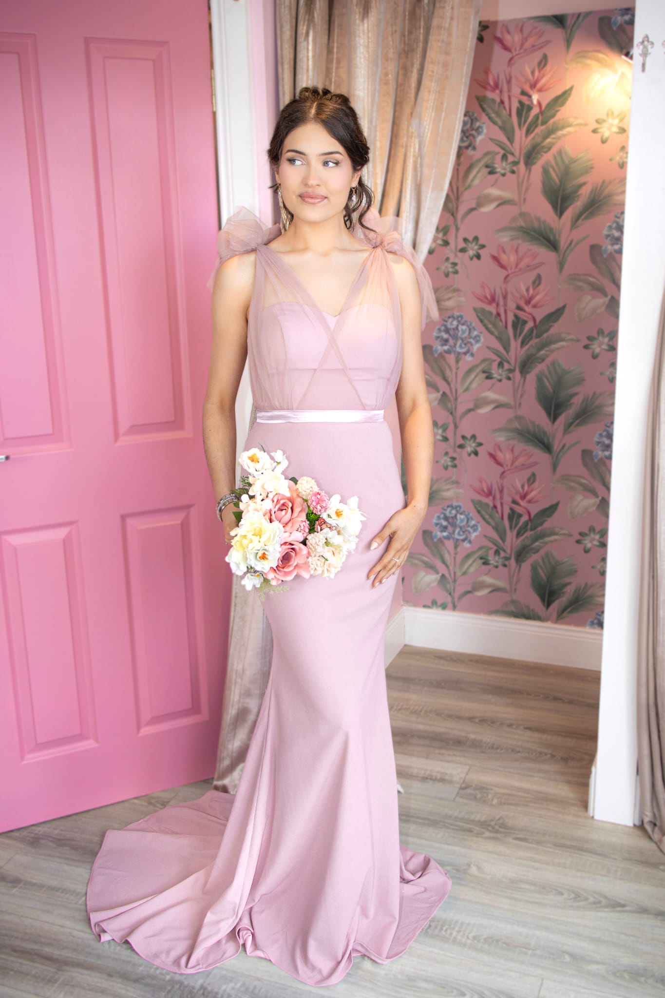 Alice Dusky Pink Soft Tulle Bow Straps Bridesmaids Dress