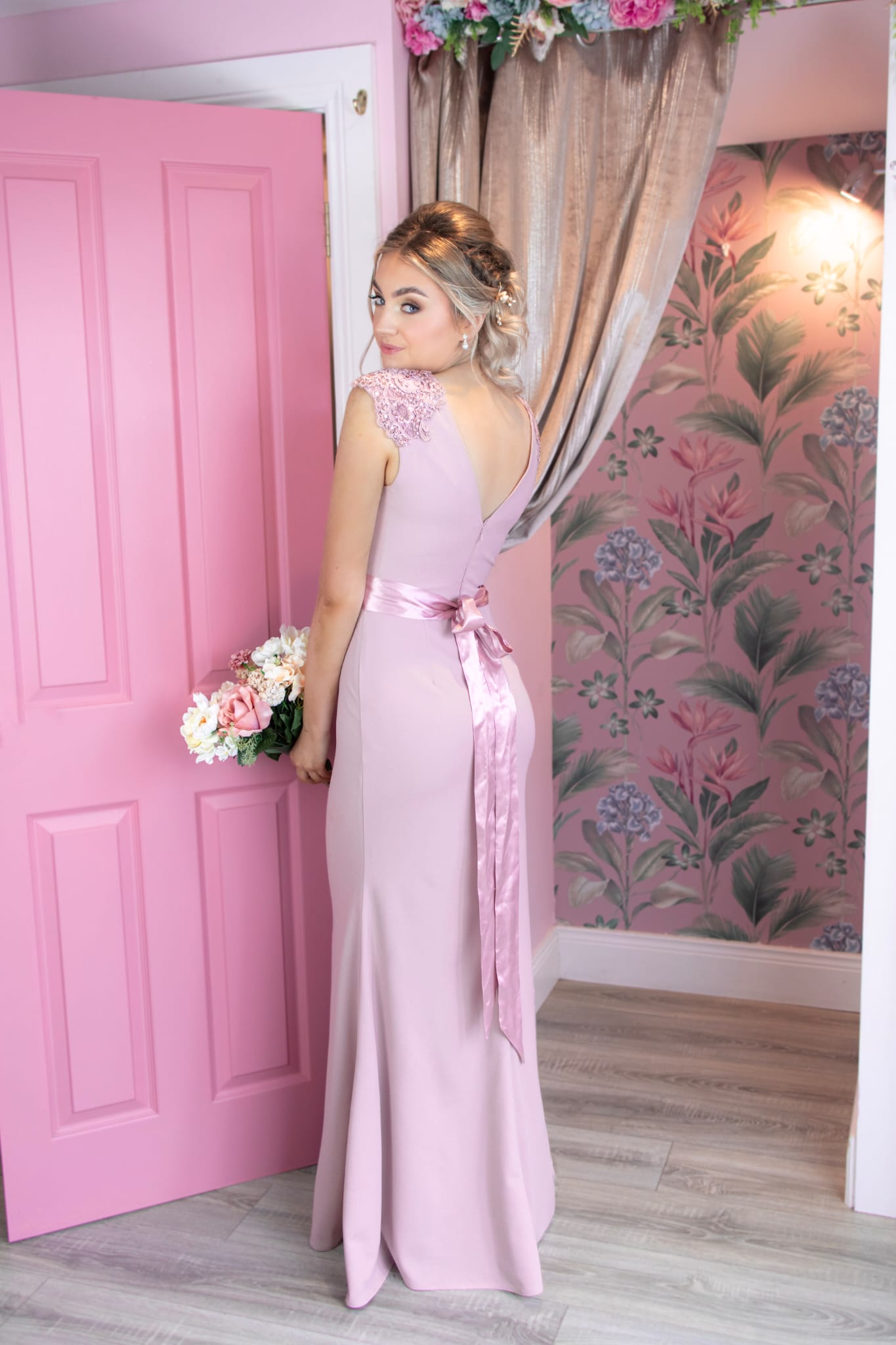 Caroline Pink Laced Deatail Shoulder Caps Bridesmaids Dress