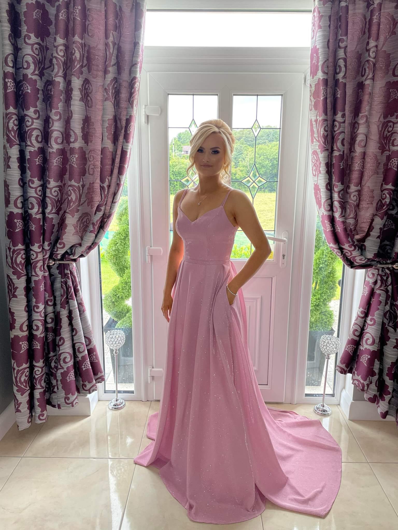 Cleo Pink Sparkle Skinny Strapped Formal Prom Dress
