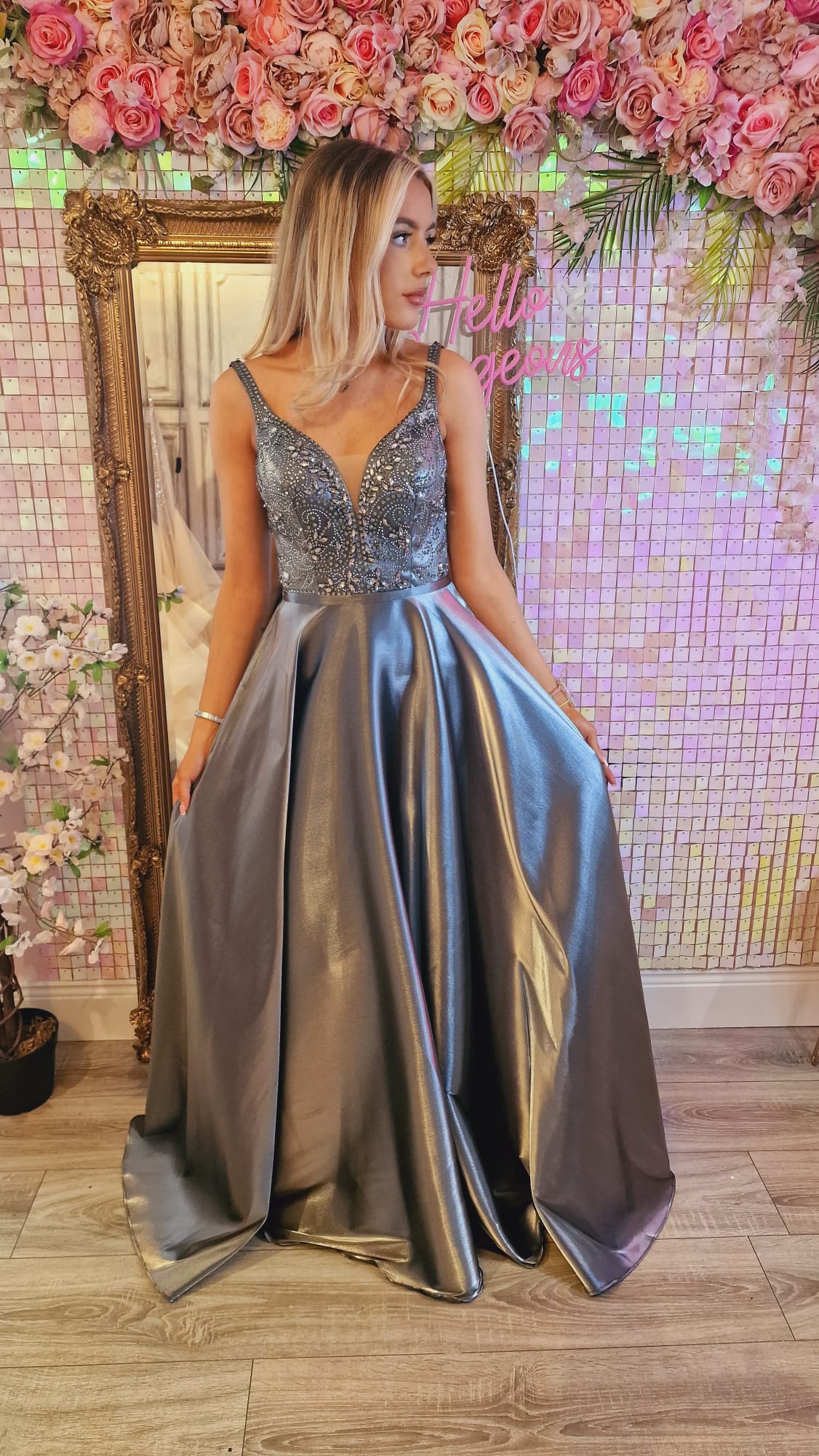 Adele Silver Grey Embellished Bodice Formal Prom Dress