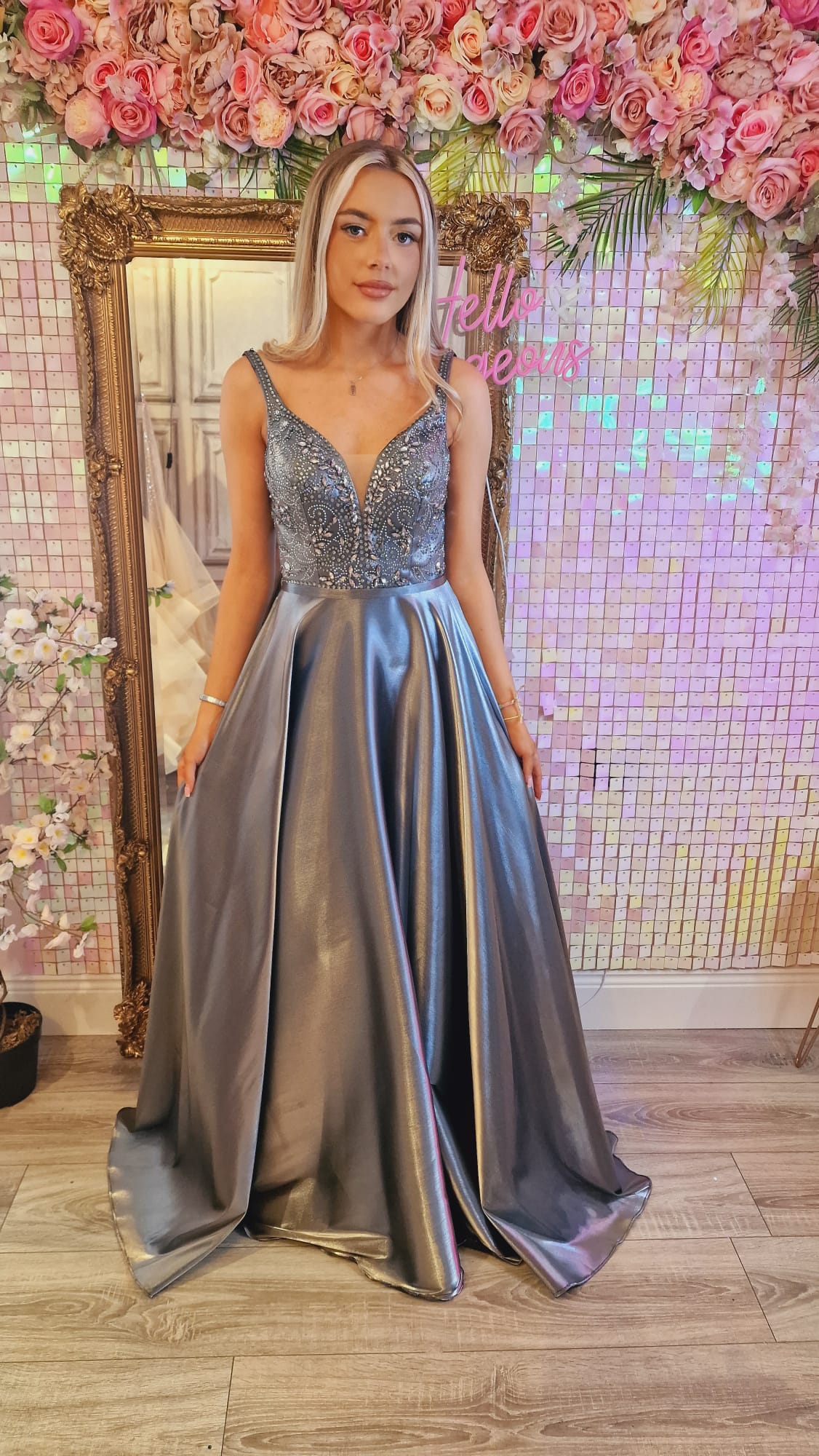 Adele Silver Grey Embellished Bodice Formal Prom Dress