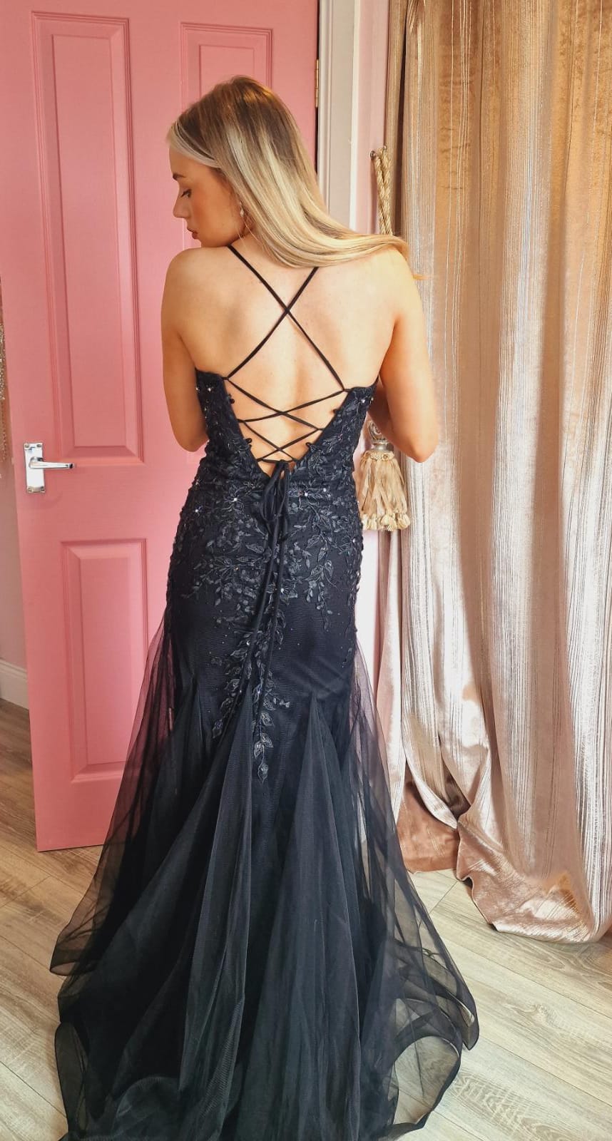 Natasha Black Embroidered Bodice With Laced Back Formal Prom Dress