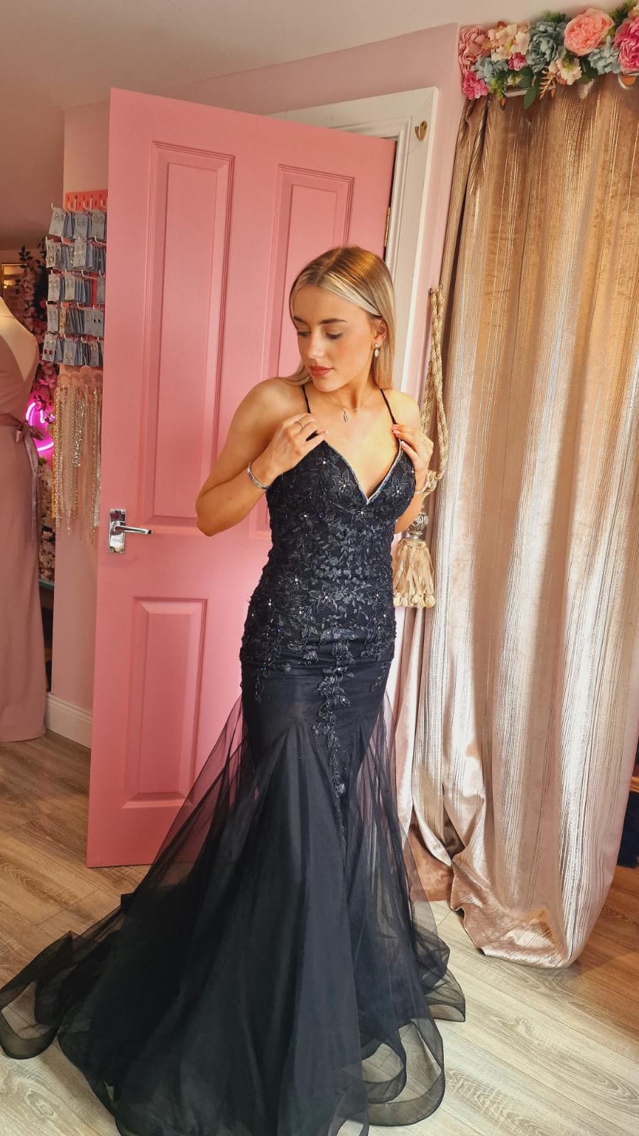 Natasha Black Embroidered Bodice With Laced Back Formal Prom Dress