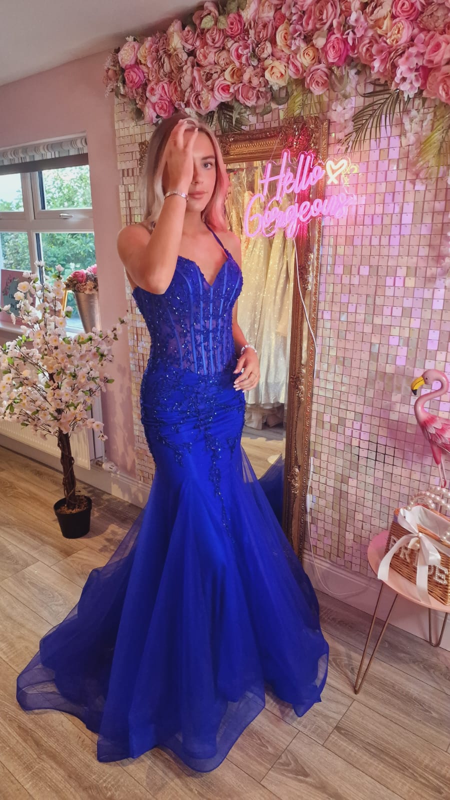 Catalina Royal Blue Floral Lacey Detail Fishtail Formal Prom Dress