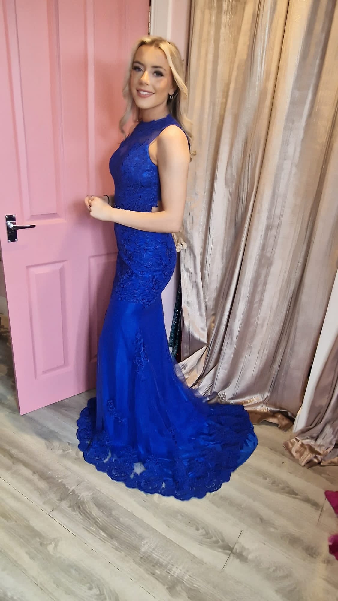 Evelyn Blue High Neck Laced Backless Formal Prom Dress