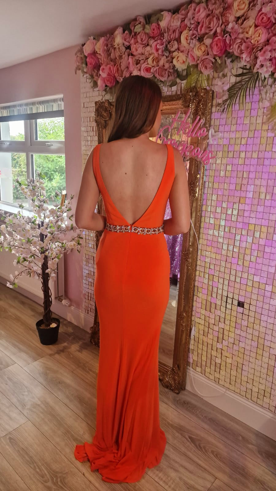 Leah Orange Diamond Belt Formal Prom Dress