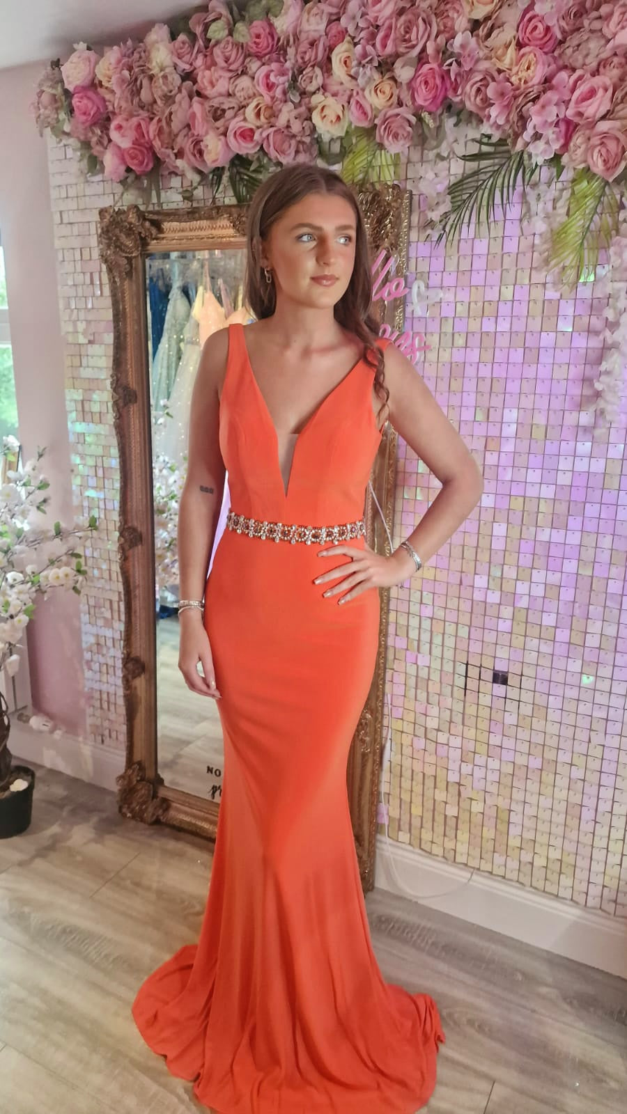 Leah Orange Diamond Belt Formal Prom Dress