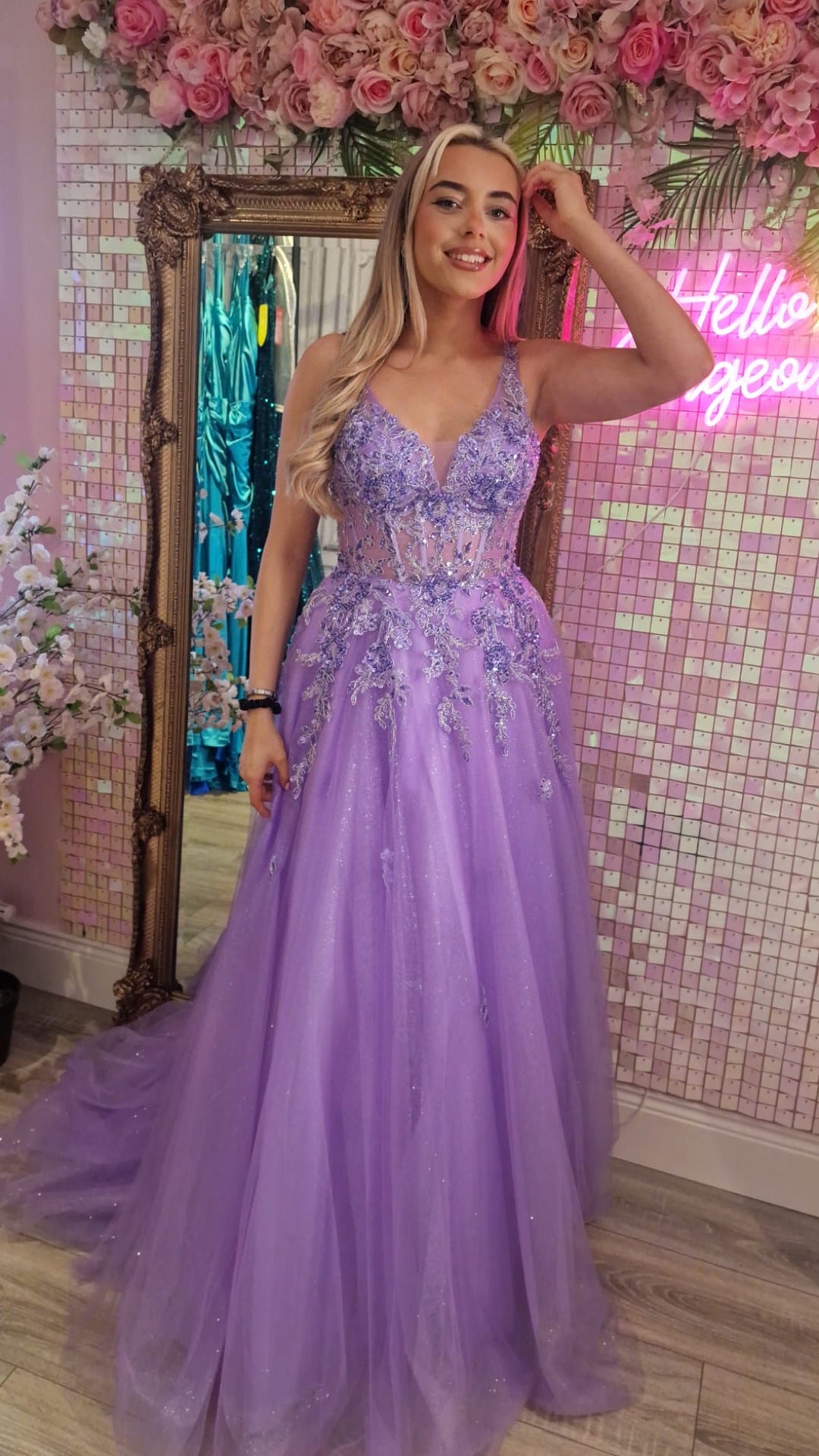 Taylor Lilac Embellished Corset Flower Detail Ball Gown Formal Prom Dress