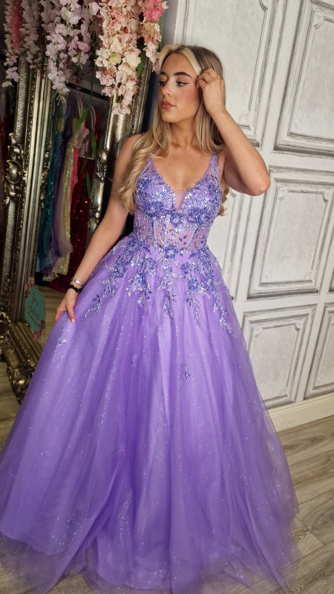 Taylor Lilac Embellished Corset Flower Detail Ball Gown Formal Prom Dress