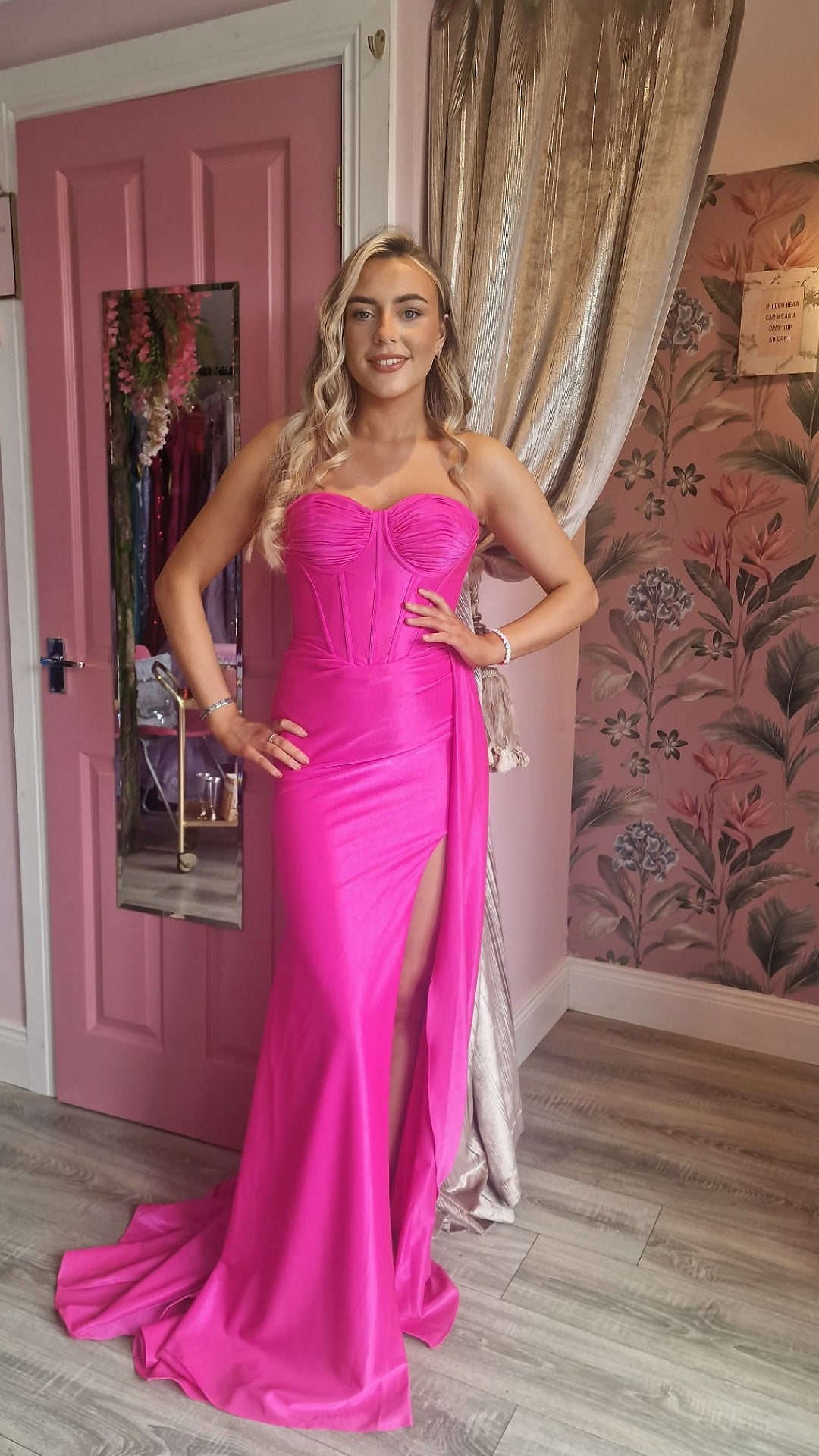 Janine Hot Pink Side Draping Train Leg Split Corset Formal Prom Dress