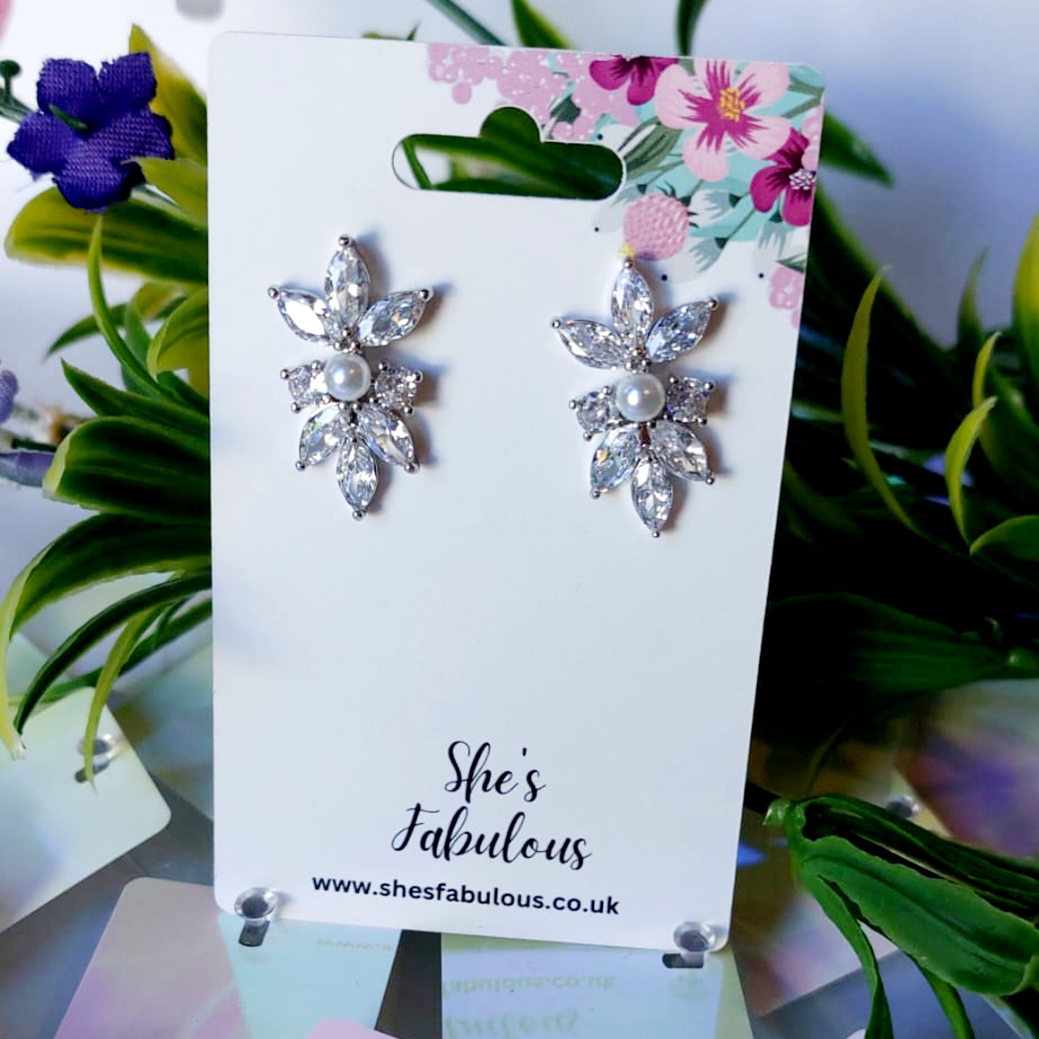 Effie Pearl Leaf Crystal Rhinestone Earrings