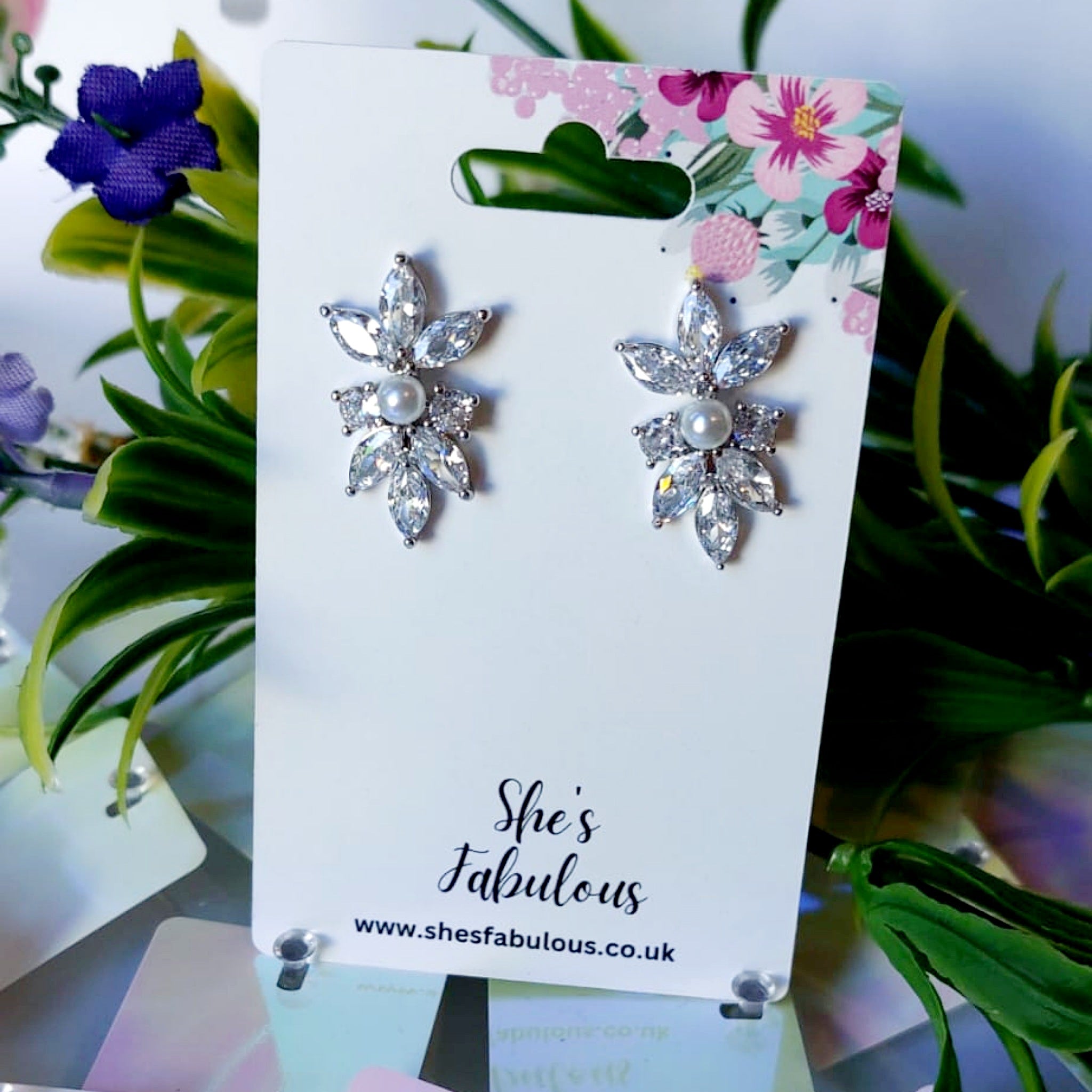 Effie Pearl Leaf Crystal Rhinestone Earrings