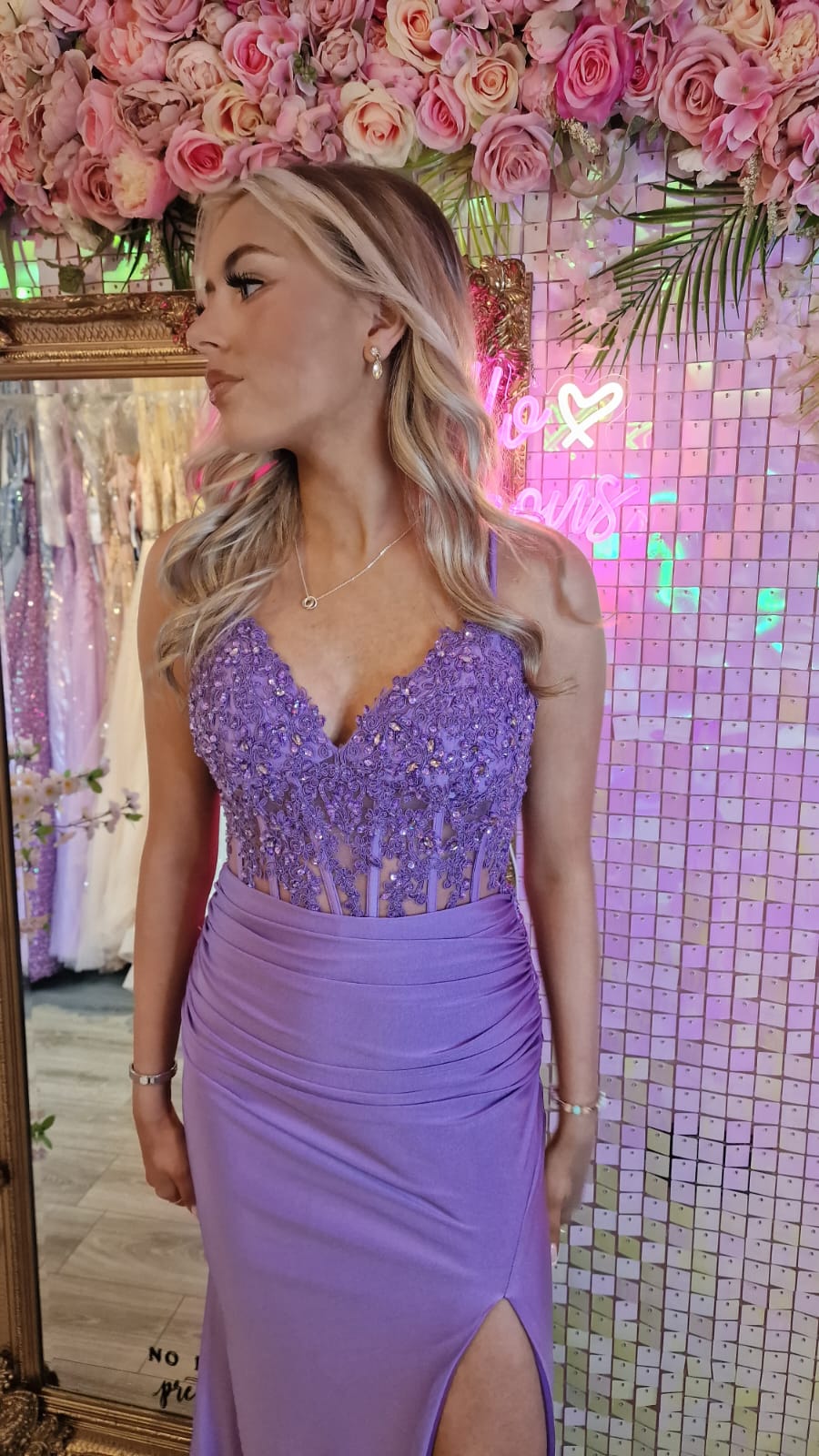 Jill Lavender Lilac Purple Laced Bodice With Laced Back Leg Split Formal Prom Dress