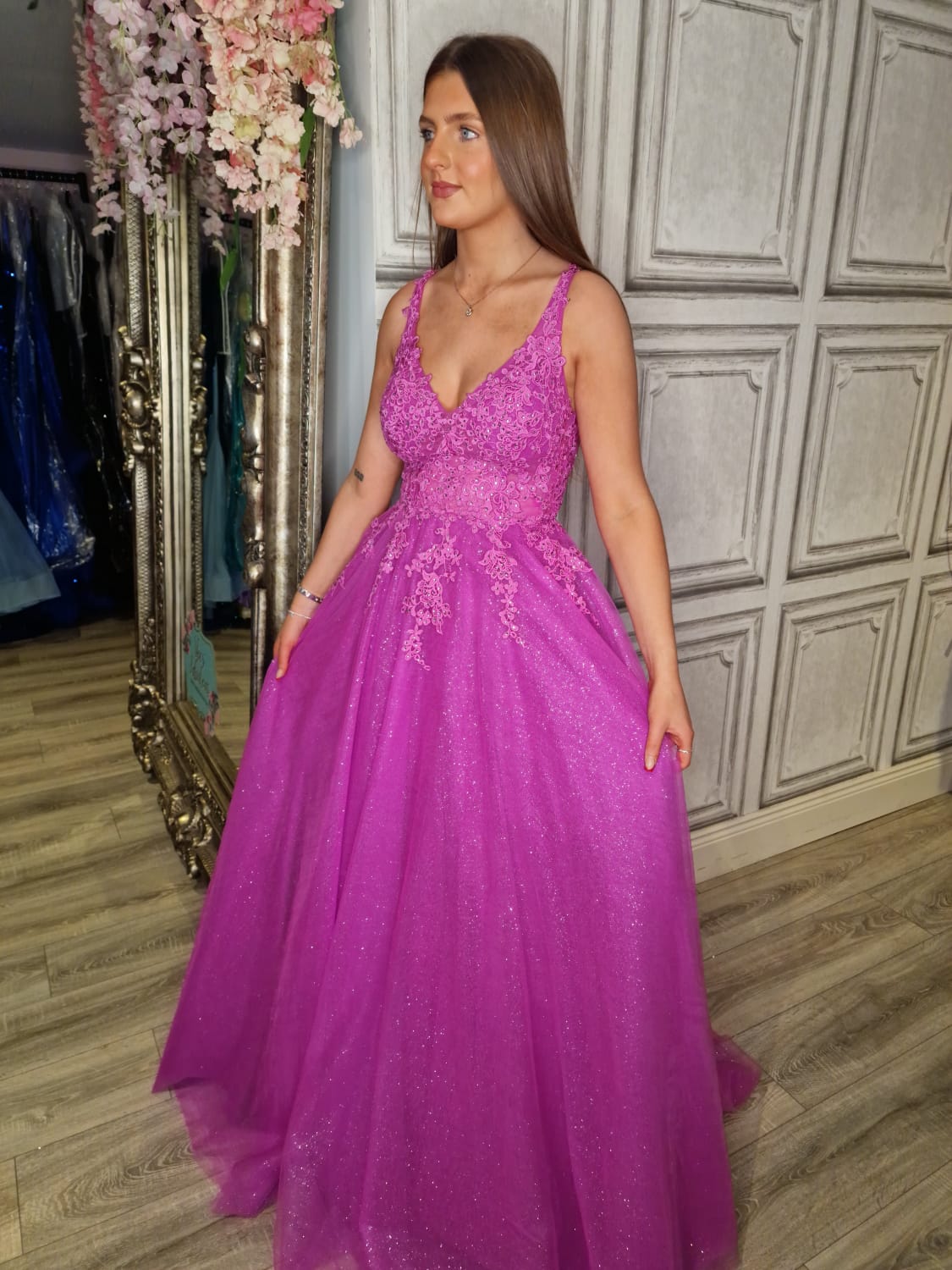 Brooklyn Magenta Pink Purple V Neck Laced Detail Bodice Ball Gown Formal Prom Dress