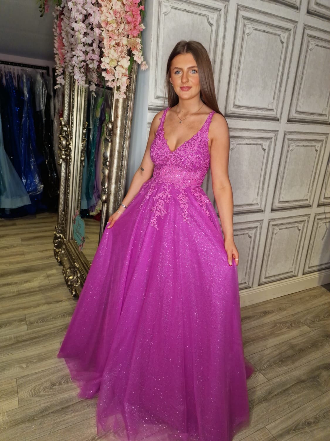 Brooklyn Magenta Pink Purple V Neck Laced Detail Bodice Ball Gown Formal Prom Dress