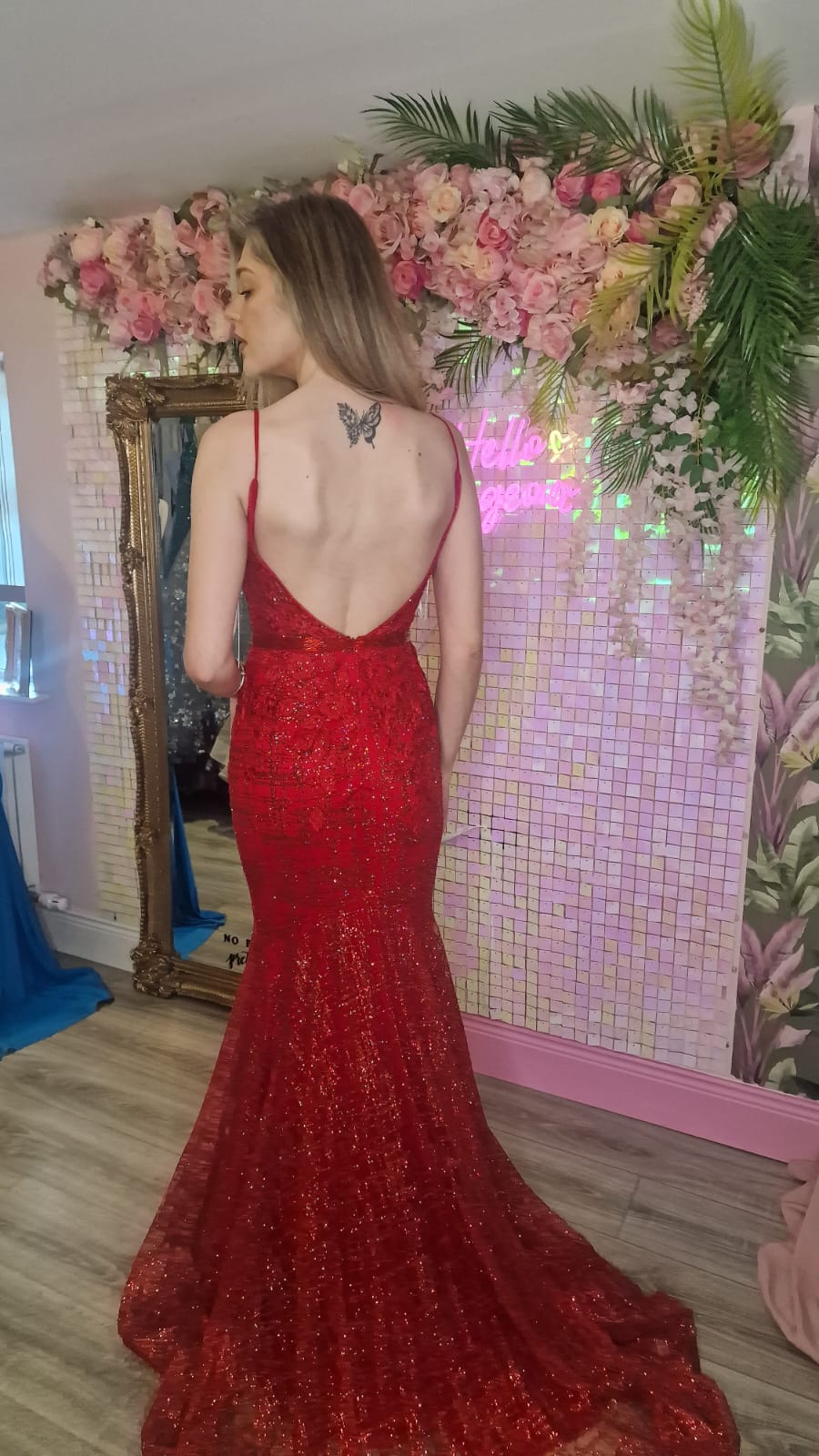 Rosie Red Skinny Strapped Backless Flowing Trail Formal Prom Dress