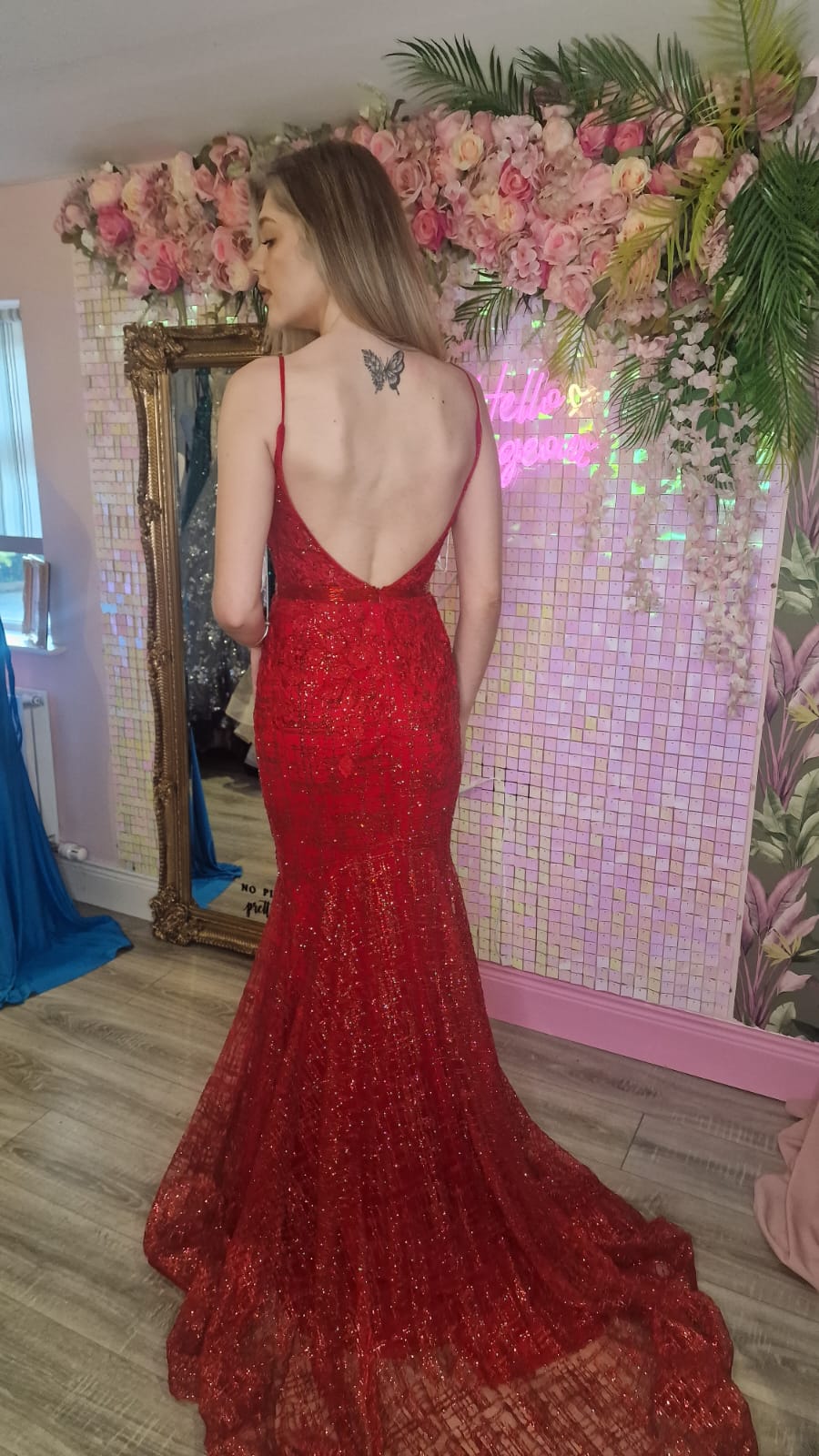 Rosie Red Skinny Strapped Backless Flowing Trail Formal Prom Dress