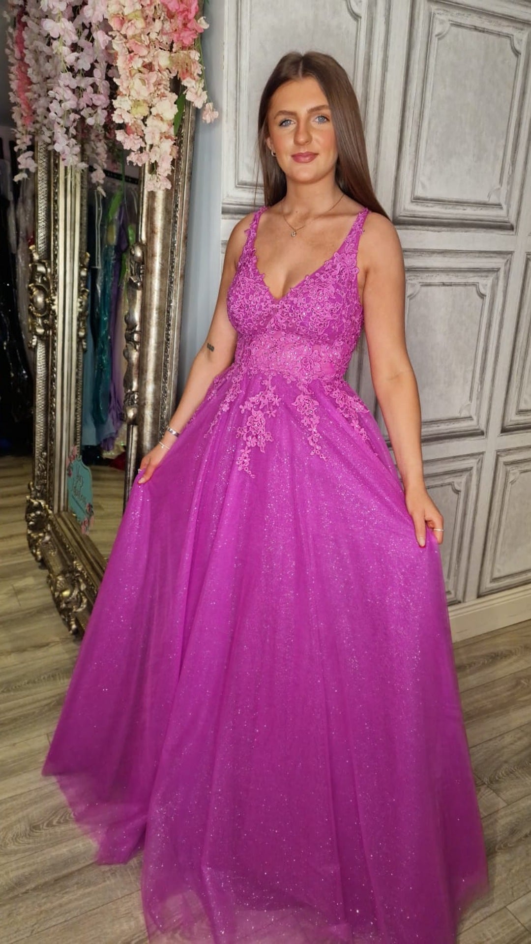 Brooklyn Magenta Pink Purple V Neck Laced Detail Bodice Ball Gown Formal Prom Dress