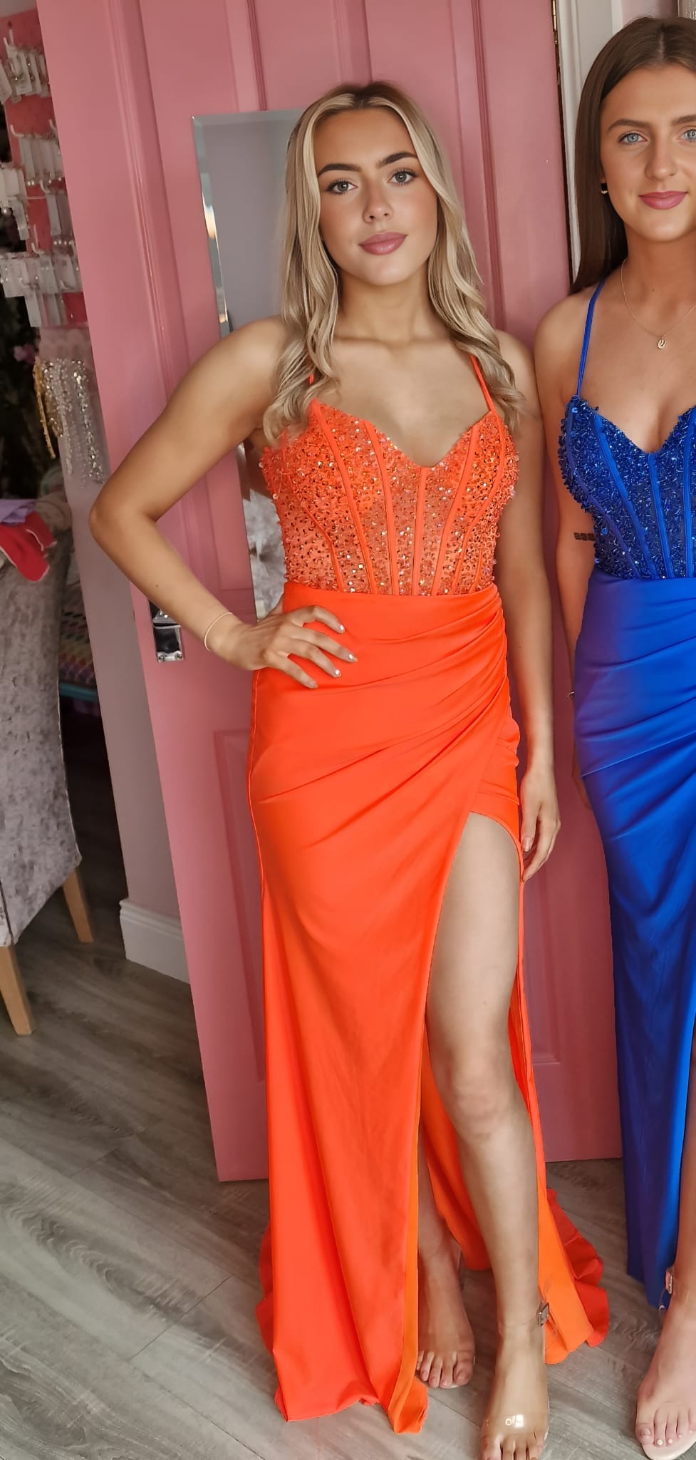 Sinead Orange Thigh Split Diamond Corset Skinny Strapped Laced Back Formal Prom Dress