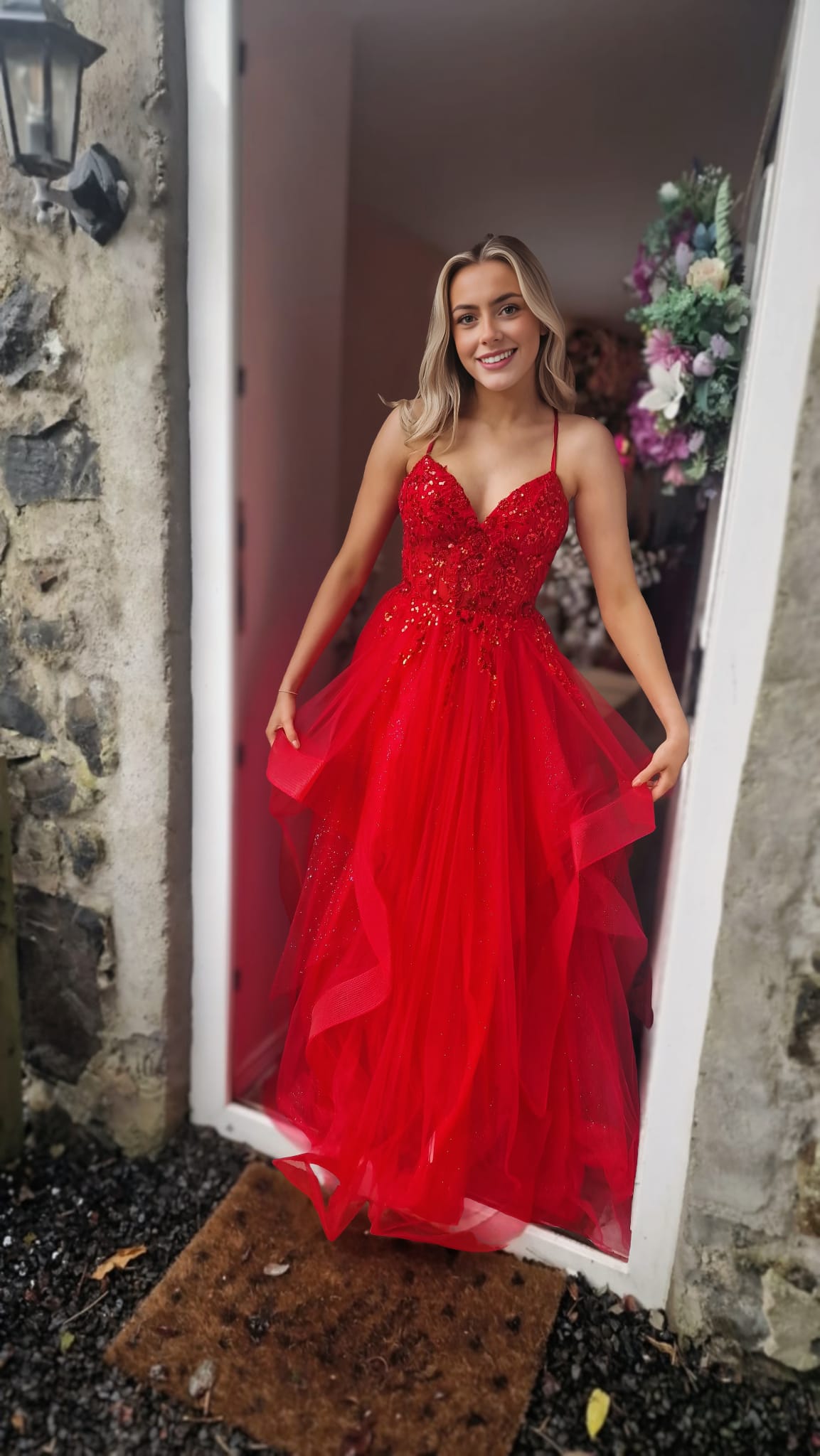 Grace Red Skinny Straps Embellished Layered Ball Gown Skirt Formal Prom Dress