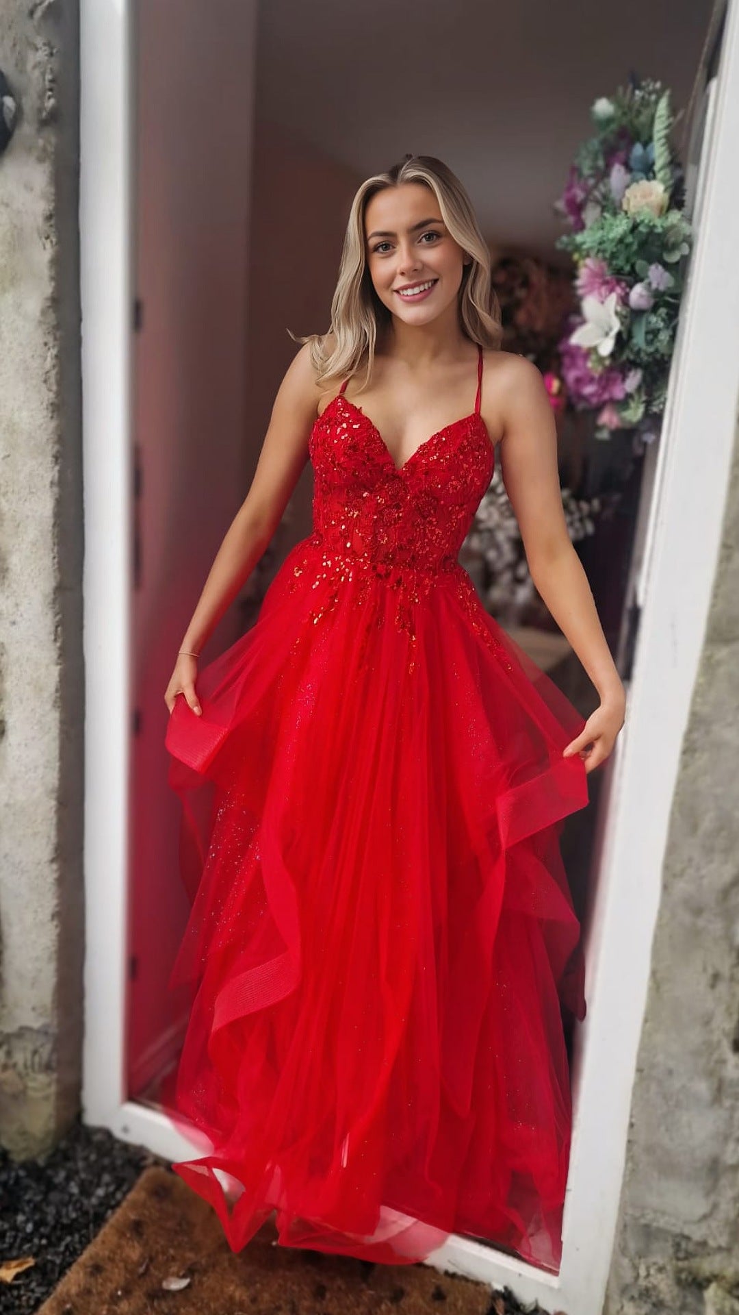 Grace Red Skinny Straps Embellished Layered Ball Gown Skirt Formal Prom Dress