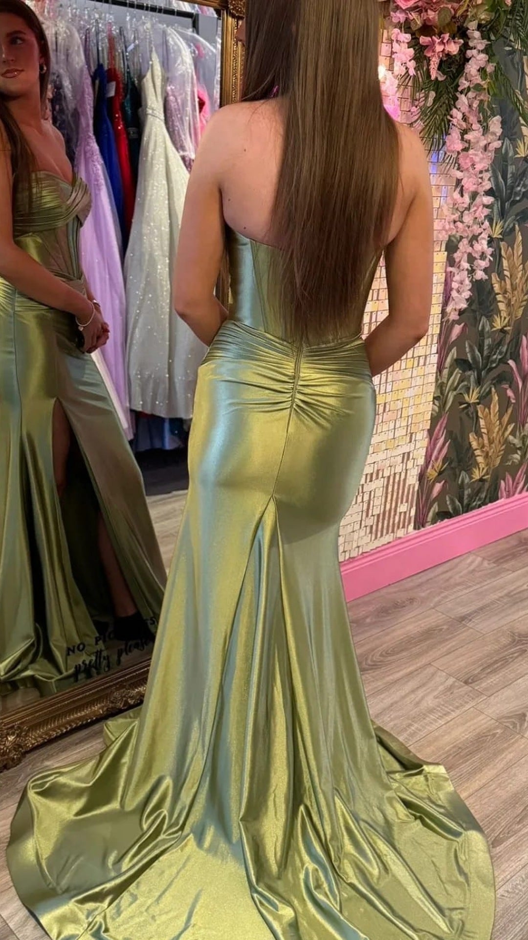 Aisha Satin Sage Green Ruched Corset Strapless Side Legsplit Formal Prom Dress