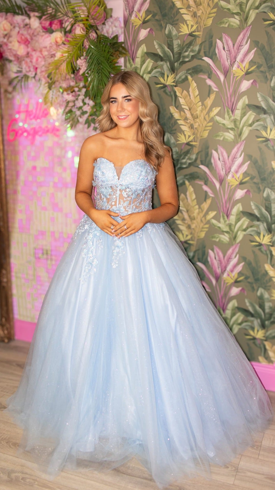 Ellen Light Blue Strapless Flower Detail Ball Gown Formal Prom Dress